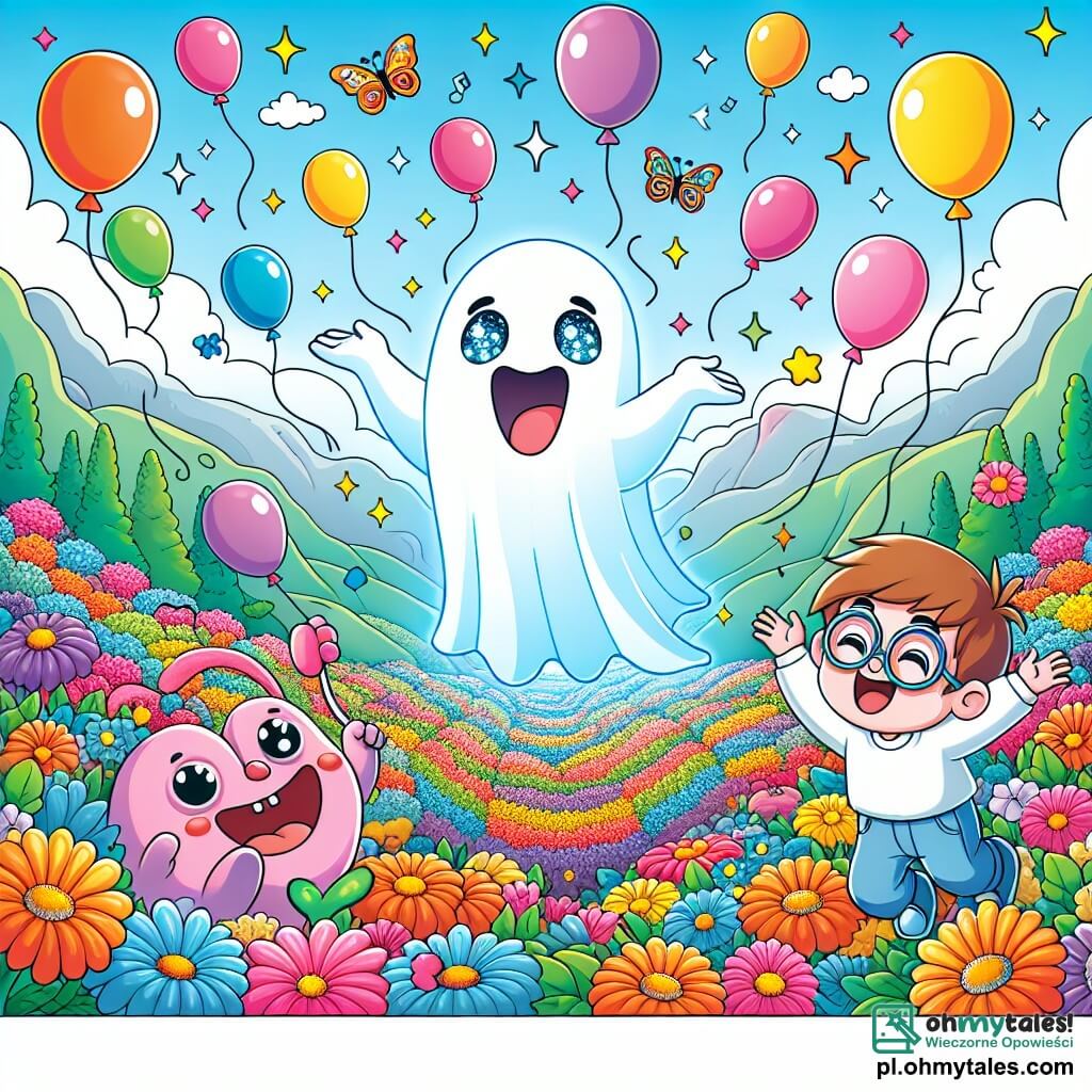 Une illustration sous forme de dessin destinée aux enfants représentant une vaste et colorée vallée remplie de fleurs éclatantes et de balons flottants, où un fantôme joyeux, translucide et souriant avec des yeux pétillants, danse avec enthousiasme au milieu d'une fête, tandis qu'un petit garçon aux lunettes et un stworek rose aux ailes de balon, tous deux rieurs, l'encouragent à s'amuser, entourés de créatures amusantes qui rient et s'amusent ensemble, capturant l'esprit de la magie et de la joie d'une aventure pleine de rires.