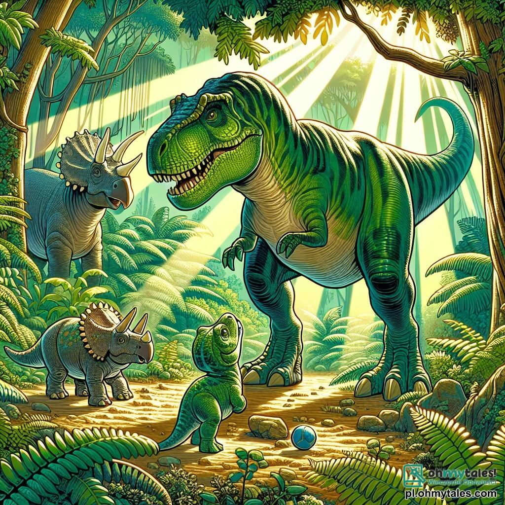 Une illustration sous forme de dessin destinée aux enfants représentant une scène vibrante dans une densa jungle préhistorique, où un majestueux Tyrannosaure Rex à la peau verte brillante, avec de puissantes pattes et un regard amical, cherche avec détermination une balle perdue, tandis qu'un petit Triceratops aux cornes délicates et un jeune Dino au corps agile l'accompagnent, tous trois unis dans une quête d'amitié et d'aventure, entourés de fougères luxuriantes et de rayons de soleil filtrant à travers les feuillages.