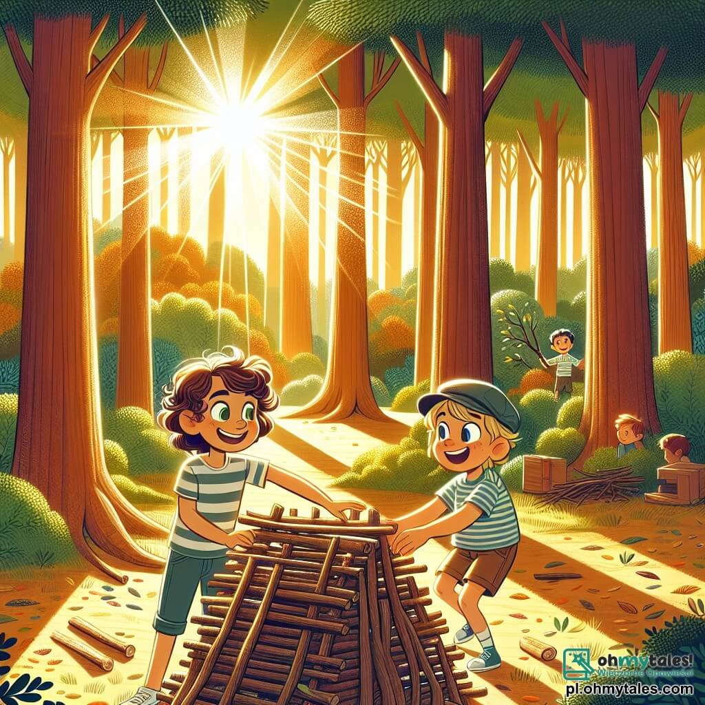 Une illustration sous forme de dessin destinée aux enfants représentant une forêt ensoleillée avec des arbres majestueux et un sol tapissé de feuilles colorées, où un garçon de 9 ans aux cheveux bouclés et aux yeux pétillants, vêtu d'un t-shirt rayé et de shorts, construit une forteresse en bois avec enthousiasme, tandis qu'un autre garçon de son âge, aux cheveux blonds et portant une casquette, l'aide en ramassant des branches, le tout dans une atmosphère joyeuse et complice, symbolisant l'importance de l'amitié et des moments partagés en famille.