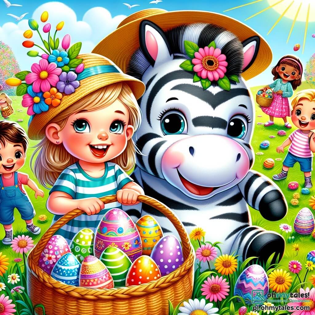 Ilustracja przedstawiająca radosną scenę na pięknej, zielonej trawie, usianej kolorowymi kwiatami tańczącymi na wietrze. Na środku, duży pluszowy zebra w kapeluszu słomkowym ozdobionym dużym kwiatem, uśmiecha się do dzieci. Po lewej stronie, sześciolatek z brązowymi włosami i błyszczącymi oczami, w niebieskiej koszuli w zebrze, trzyma dużą kosz pełną kolorowych czekoladowych jajek. Po prawej stronie, sześciolatka z długimi, plecionymi blond włosami w różowej sukience, śmieje się trzymając jajko ozdobione kwiatowymi wzorami. W tle, przyjaciele w różnym wieku dołączają do nich, szukając ukrytych jajek w trawie. Scena emanuje atmosferą radości i przyjaźni, z śmiechem i wybuchami kolorów, symbolizując świątecznego ducha Wielkanocy.