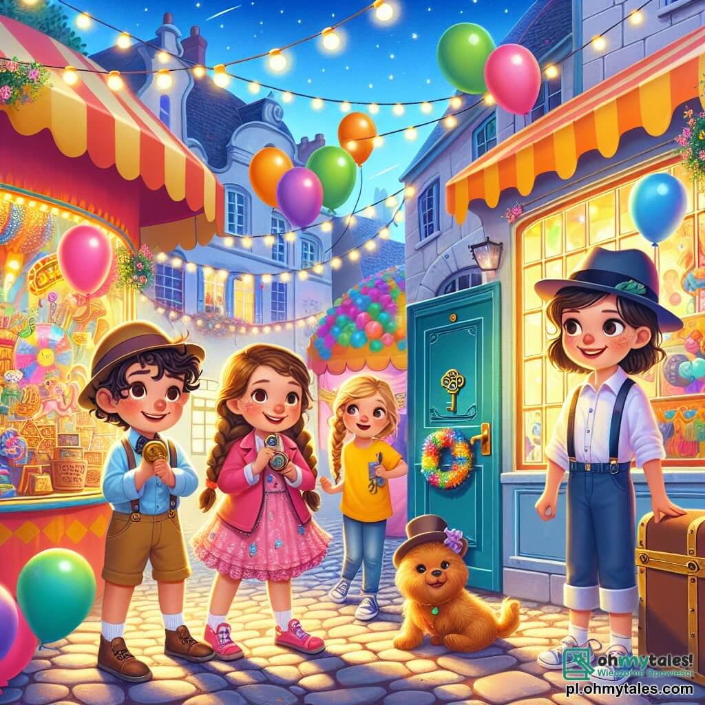 Ilustracja przedstawiająca kolorową scenę uczty w małym miasteczku. W tle stoiska z grami, kolorowe balony unoszące się na niebieskim niebie, migoczące lampki i dzieci śmiejące się i bawiące. Na pierwszym planie trzej młodzi detektywi: dziewczynka lat 8 z kręconymi brązowymi włosami, w różowej sukience i kapeluszu detektywa, trzymająca starą klucz w rękach; inna dziewczynka lat 7 z warkoczami blond włosów, w żółtej koszulce i dżinsowych szortach, patrząca z ciekawością; oraz dziewczynka lat 9 z prostymi czarnymi włosami, w niebieskiej bluzie, uśmiechająca się z entuzjazmem. Stoją przed starymi kolorowymi drzwiami, gotowe otworzyć tajemniczą skrzynię pełną migoczących skarbów: cukierków, balonów i zabawek. Atmosfera jest radosna i pełna tajemniczości, z wybuchami śmiechu i żywymi kolorami przyciągającymi wzrok.