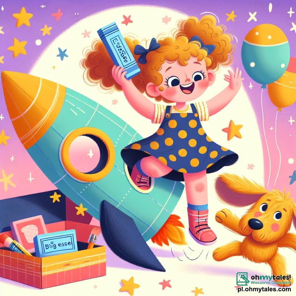Une illustration sous forme de dessin destinée aux enfants représentant une scène colorée et ludique à l'intérieur d'une grande et joyeuse fusée en carton, où une petite fille de 3 ans aux cheveux bouclés et aux yeux pétillants, vêtue d'une robe à pois, danse avec enthousiasme tout en tenant une grande gomme en forme de canard, tandis qu'un chien espiègle aux grandes oreilles et au pelage doré, qui saute joyeusement autour d'elle, imite ses mouvements, le tout dans une ambiance de fête cosmique avec des étoiles scintillantes et des ballons flottants.