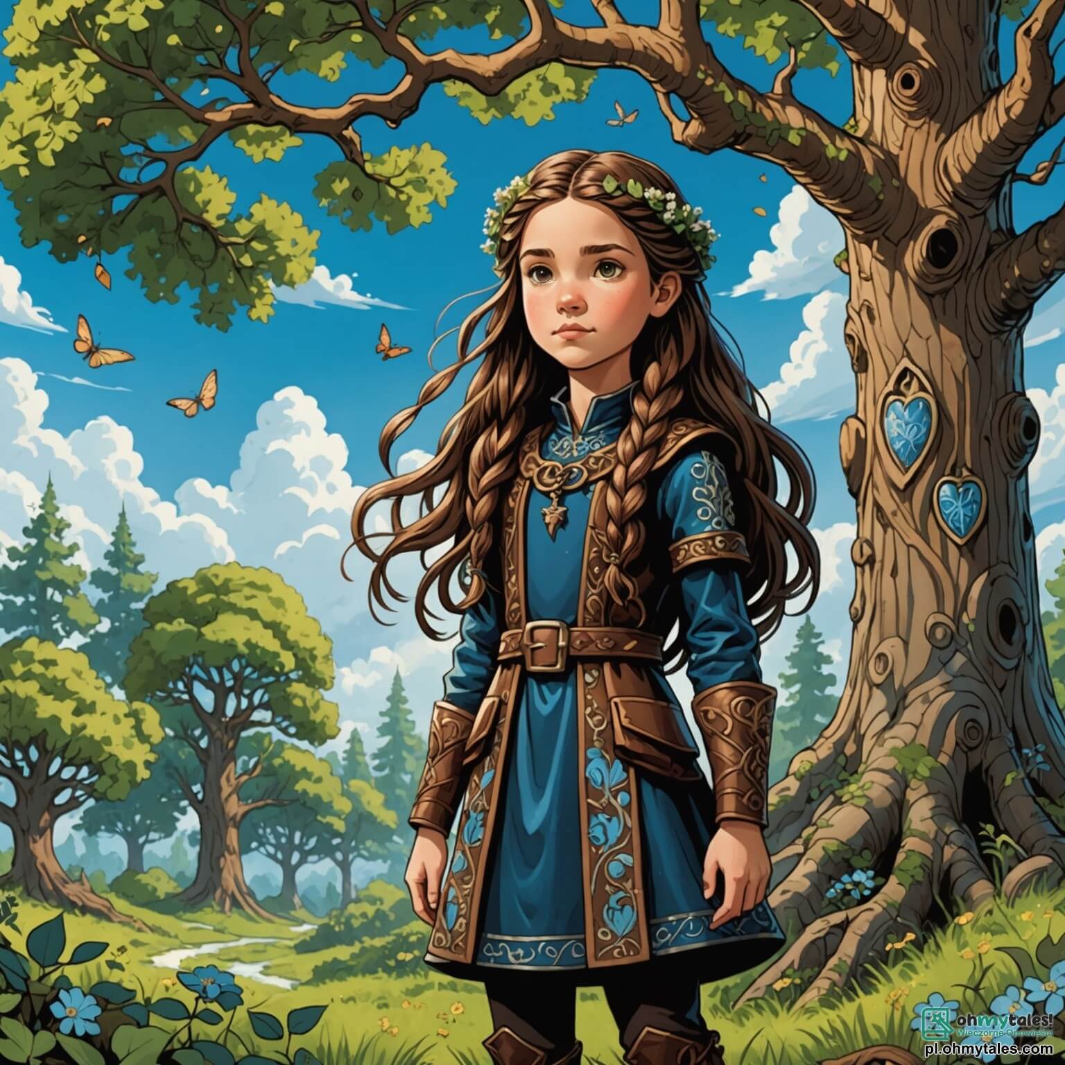 Une illustration destinée aux enfants représentant une jeune fille intrépide aux longs cheveux bruns tressés, vêtue d'une tunique en cuir ornée de motifs floraux, se tenant fièrement au cœur d'une forêt enchantée, où les arbres majestueux aux troncs noueux s'élèvent vers un ciel azur parsemé de nuages cotonneux, tandis qu'un vieux chêne aux feuilles argentées, symbole de magie, se dresse à ses côtés, et où une petite fée aux ailes scintillantes, à la peau lumineuse et aux yeux pétillants, flotte autour d'elle, l'encourageant dans sa quête héroïque pour retrouver des pierres magiques dispersées par un sorcier maléfique, qui menace de plonger leur monde dans l'obscurité éternelle.
