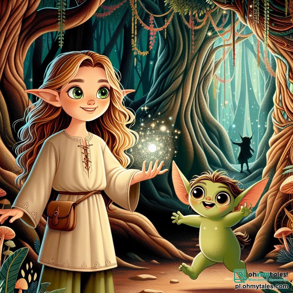 Une illustration sous forme de dessin destinée aux enfants représentant une forêt enchantée aux arbres géants aux feuilles multicolores, où une fille de 9 ans aux longs cheveux couleur miel et aux yeux verts pétillants, vêtue d'une tunique légère, tient un petit cristal brillant dans ses mains, tandis qu'à ses côtés se trouve un petit stworek vert aux grandes oreilles et aux yeux ronds, qui saute de joie, alors qu'ils se préparent à entrer dans une mystérieuse temple ombragé, symbole de leur quête pour découvrir un artefact magique capable de réaliser des souhaits.