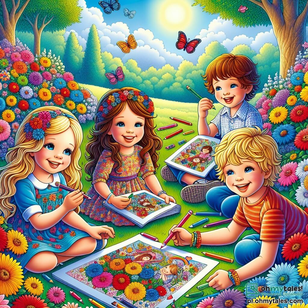 Ilustracja przedstawiająca słoneczny park, wypełniony kolorowymi kwiatami o jaskrawoczerwonych, żółtych i niebieskich płatkach. W centrum grupa czterech dzieci, dwóch chłopców i dwóch dziewczynek, siedzi na zielonej, miękkiej trawie. Pierwsza dziewczynka, z długimi brązowymi włosami i okularami, radośnie się uśmiecha, trzymając kolorowy kawałek papieru. Drugi chłopiec, z blond, kręconymi włosami, rysuje kredkami, skupiony na swojej pracy. Druga dziewczynka, z warkoczami i sukienką w kwiaty, patrzy na swojego przyjaciela z podziwem, podczas gdy ostatni chłopiec, z krótkimi brązowymi włosami, śmieje się, opowiadając zabawną historię. Scena pokazuje dzieci przygotowujące listy i rysunki dla swoich mam, otoczone fruwającymi motylami. W tle majestatyczne drzewa dają cień, a niebo jest jaskrawo niebieskie, usiane kilkoma białymi chmurami. W powietrzu unoszą się śmiechy i radość, tworząc atmosferę szczęścia i bliskości.