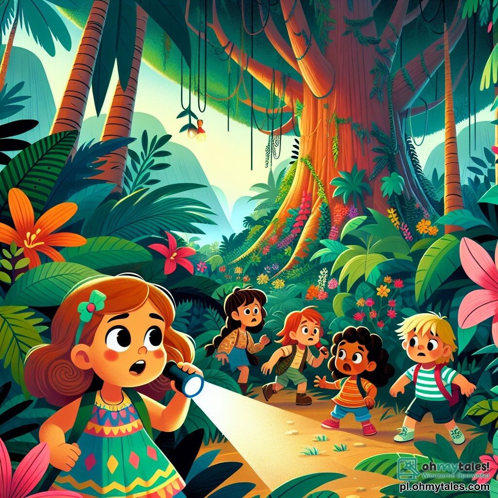 Une illustration sous forme de dessin destinée aux enfants représentant une dense et colorée jungle tropicale, avec des arbres géants aux feuilles luxuriantes et des fleurs éclatantes, où une petite fille de 3 ans aux cheveux bouclés et à la robe colorée, tenant une lampe de poche, regarde avec détermination vers un groupe d'amis : un garçon aux cheveux bruns et une chemise à rayures qui semble inquiet, et une fille aux cheveux longs et tressés qui tient une carte, alors qu'ils cherchent leur ami perdu dans une aventure palpitante.