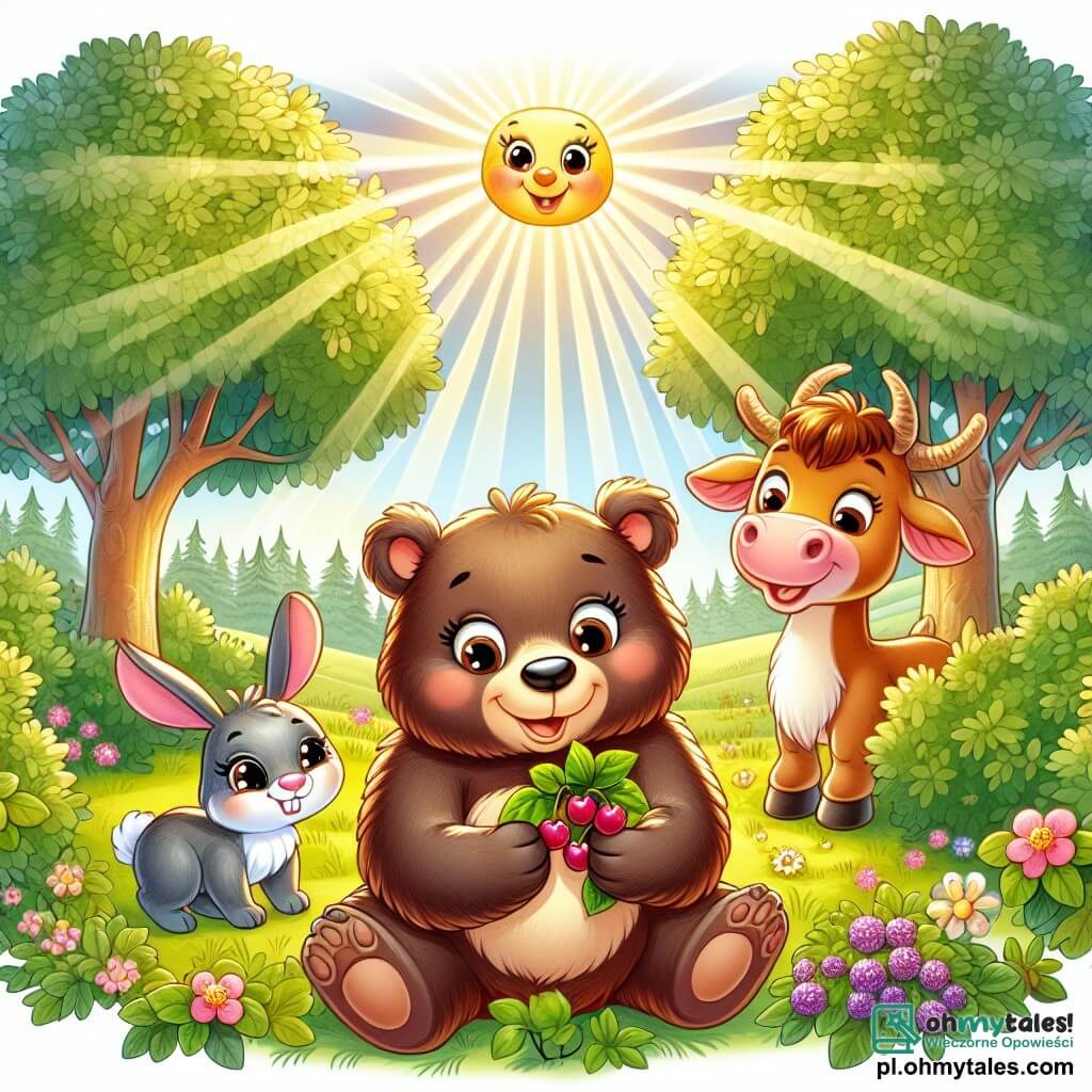 Une illustration sous forme de dessin destinée aux enfants représentant une magnifique polana ensoleillée, entourée d'arbres aux feuilles vertes éclatantes, où se tient une adorable ourse brune au pelage doux et soyeux, souriante et en train de cueillir des baies juteuses, tandis qu'un petit lapin aux grandes oreilles et une vachette espiègle aux yeux pétillants l'observent avec curiosité, tous trois prêts à partir à l'aventure à la recherche d'un mystérieux Złoty Kwiat qui exauce les souhaits.