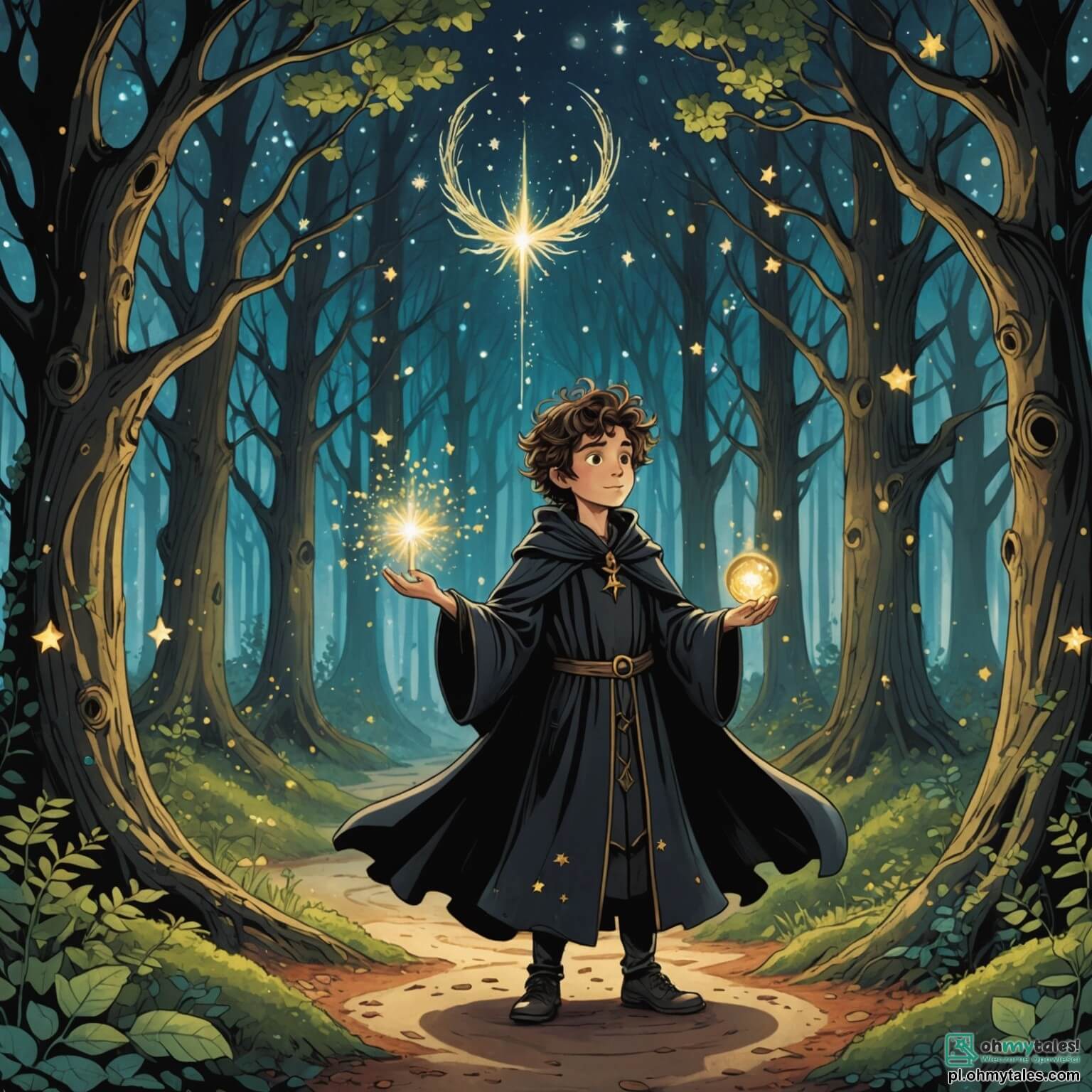 Une illustration destinée aux enfants représentant un jeune apprenti sorcier aux cheveux ébouriffés, vêtu d'une robe noire ornée d'étoiles scintillantes, qui se tient au cœur d'une forêt enchantée où des arbres gigantesques aux troncs tordus s'élèvent vers le ciel, leurs feuilles chatoyantes dansent au gré du vent, tandis qu'une petite fée aux ailes iridescentes l'observe avec curiosité, alors qu'ils cherchent ensemble à retrouver une précieuse potion volée par un sorcier maléfique.