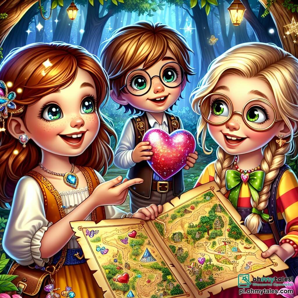 Une illustration sous forme de dessin destinée aux enfants représentant une scène magique dans une forêt enchantée, où une fille de 11 ans aux cheveux châtains et aux yeux pétillants, vêtue d'une robe colorée, tient une carte au trésor avec un air d'excitation, tandis qu'à ses côtés, sa meilleure amie, une fille aux cheveux blonds tressés et souriante, observe avec émerveillement un petit garçon aux lunettes rondes, qui s'apprête à dévoiler un ballon en forme de cœur, symbolisant leur amitié et les mystères de la Saint-Valentin.