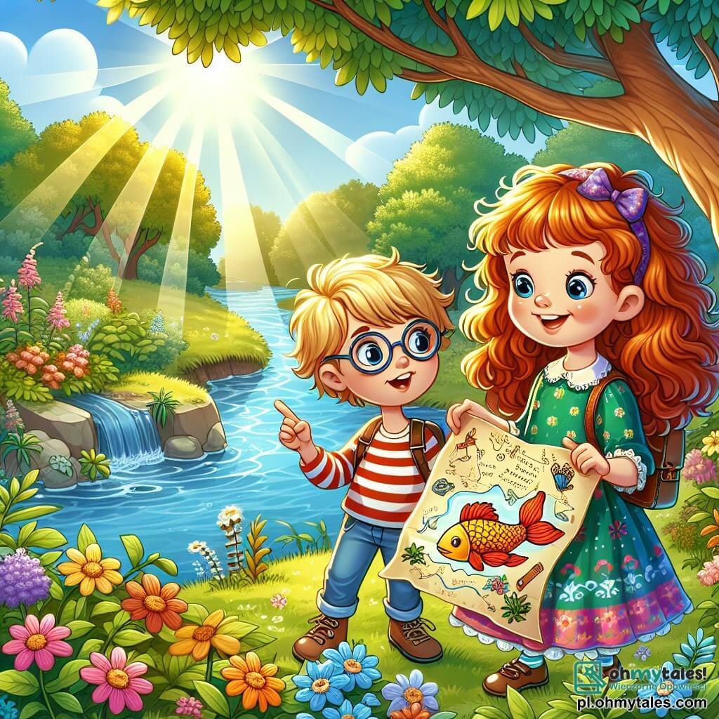 Une illustration sous forme de dessin destinée aux enfants représentant une clairière ensoleillée près d'un stang, où une fille de 11 ans aux cheveux châtains et bouclés, portant une robe colorée et un grand sourire, tient une carte au trésor en regardant avec émerveillement une grande carte au trésor, tandis qu'à ses côtés, un garçon aux cheveux blonds et aux lunettes, vêtu d'un t-shirt à rayures, pointe du doigt un dessin de poisson sur la carte, tous deux prêts à résoudre des énigmes pour découvrir un trésor caché, entourés de fleurs colorées et d'arbres majestueux.