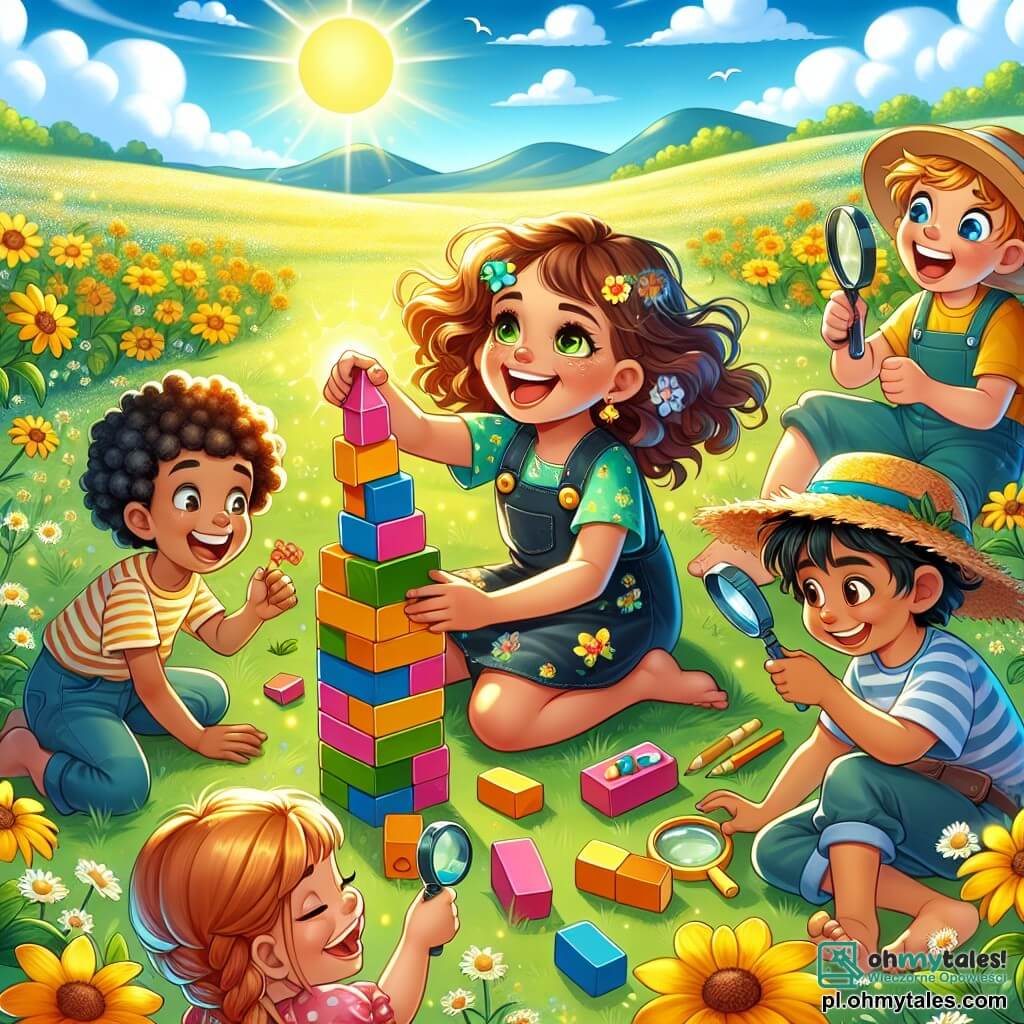 Une illustration sous forme de dessin destinée aux enfants représentant une vaste et ensoleillée polana, parsemée de fleurs jaunes éclatantes, où une fille de 7 ans aux cheveux bouclés et au sourire radieux, assise sur l'herbe, construit une tour colorée avec des blocs en bois, entourée de trois amis : un garçon aux cheveux en bataille qui rit en tenant une loupe, une fille aux cheveux tressés qui fait des grimaces, et un garçon avec un chapeau de paille qui observe les nuages, tous partageant un moment de joie et de complicité dans leur quête d'aventure.