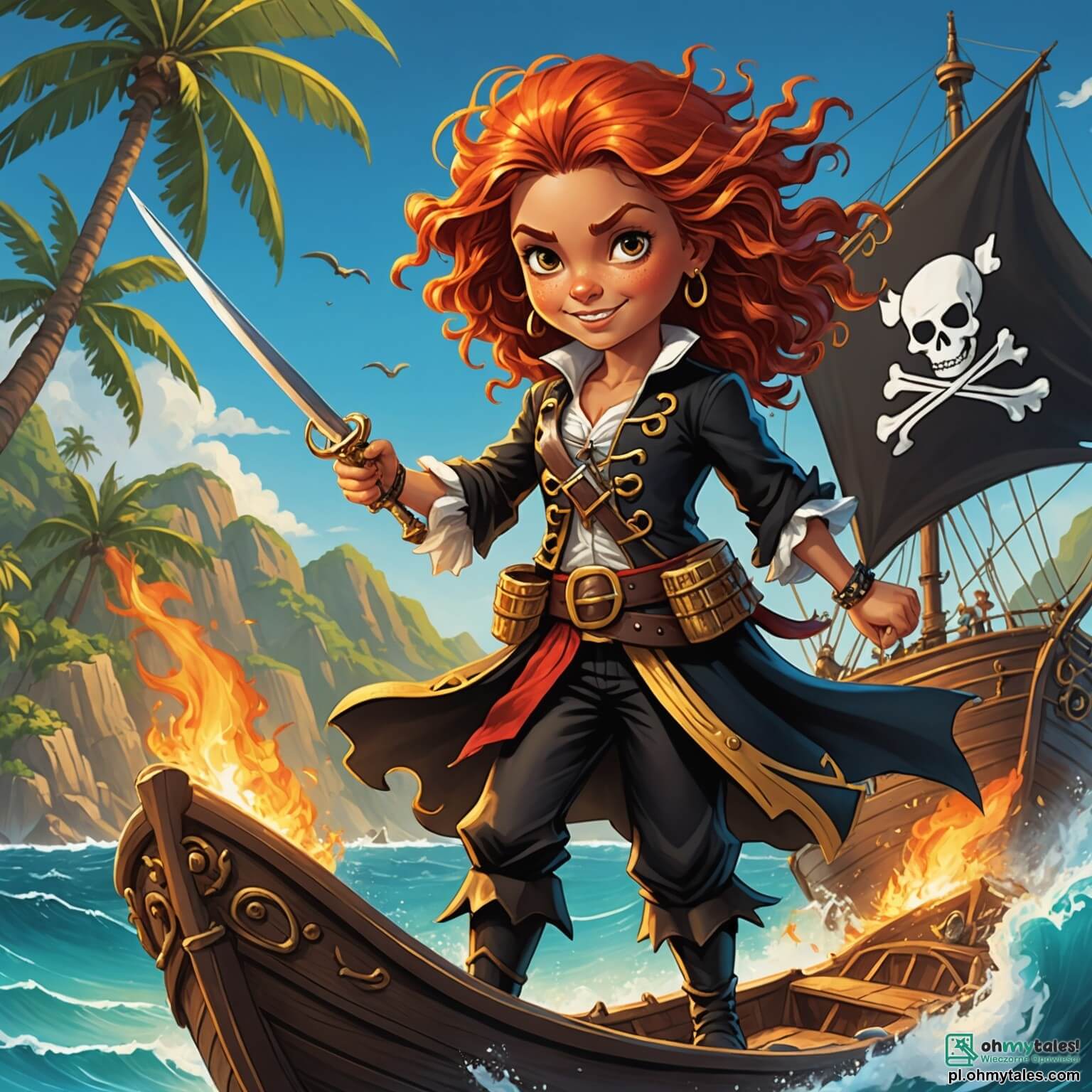 Une illustration destinée aux enfants représentant une intrépide femme pirate aux cheveux flamboyants flottant au gré du vent, naviguant sur un majestueux navire au drapeau noir, à la recherche d'un trésor légendaire sur une île mystérieuse bordée de palmiers dansants et de plages dorées, accompagnée de son fidèle compagnon, un jeune garçon espiègle aux yeux pétillants, tandis que des vagues cristallines s’écrasent contre les rochers scintillants sous le soleil éclatant.