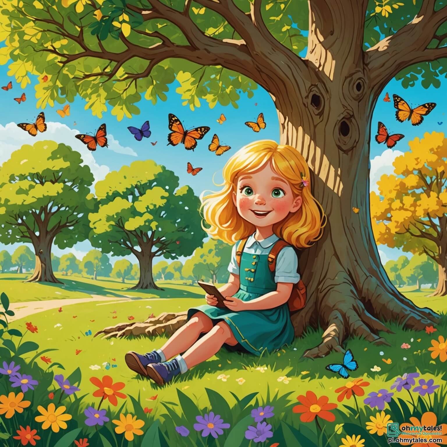 Une illustration destinée aux enfants représentant une petite fille aux cheveux dorés, aux yeux pétillants de curiosité, assise sous un majestueux chêne aux feuilles vertes éclatantes, entourée de fleurs colorées et de papillons virevoltant dans l'air chaud d'un après-midi ensoleillé, alors qu'elle se trouve dans un parc de son petit village où les rires des enfants résonnent, et où elle observe ses parents, un homme au sourire chaleureux et une femme à la voix douce, qui, après avoir traversé des moments difficiles, tentent de retrouver l'harmonie et la joie de vivre ensemble, tout en partageant des instants de tendresse et de complicité, créant ainsi un tableau vivant de l'amour familial.