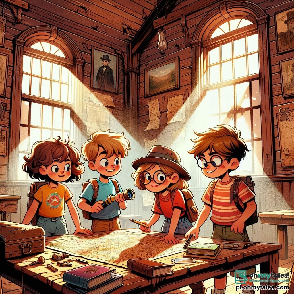 Une illustration sous forme de dessin destinée aux enfants représentant l'intérieur d'une vieille école abandonnée, avec des murs en bois usés et des fenêtres poussiéreuses laissant passer des rayons de lumière, où un groupe de trois enfants de 7 ans – une fille aux cheveux bouclés et bruns, portant un t-shirt coloré et un short, une autre fille avec des lunettes et une casquette, tenant une lampe de poche, et un garçon aux cheveux blonds, vêtu d'un t-shirt à rayures, examinant une vieille carte sur un bureau poussiéreux – découvre un coffre mystérieux rempli de souvenirs du passé, entouré de livres anciens et de tableaux accrochés aux murs, créant une atmosphère d'aventure et de curiosité.