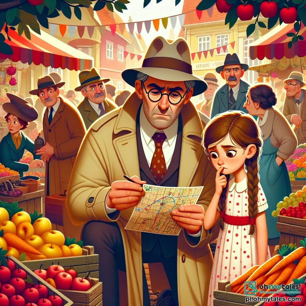 Ilustracja przedstawiająca żywą scenę na kolorowym rynku małej wioski. Miejsce wypełnione jest stoiskami z owocami i warzywami w żywych kolorach, z czerwonymi jabłkami, pomarańczowymi marchewkami i żółtymi gruszkami, podczas gdy girlandy kwiatów dekorują przestrzeń. Na środku, mężczyzna w średnim wieku, z siwiejącymi włosami i okrągłymi okularami, nosi beżowy trencz i kapelusz detektywa. Jest pochylony, badając tajemniczą mapę, którą trzyma w rękach, z wyrazem skupienia i determinacji. Obok niego stoi dziewczynka w wieku około dziesięciu lat, z brązowymi warkoczami i ciekawym uśmiechem, uważnie obserwująca, co robi mężczyzna. Ma na sobie sukienkę w kropki i trzyma kolorowy balon. W tle grupa wieśniaków, mężczyzn i kobiet w średnim wieku, gromadzi się, wyglądając na zmartwionych, szeptając między sobą i rzucając ukradkowe spojrzenia w stronę mężczyzny i dziewczynki. Główna sytuacja pokazuje mężczyznę rozwiązującego zagadkę, otoczonego atmosferą tajemnicy i ekscytacji, podczas gdy śmiechy dzieci i okrzyki radości sprzedawców mieszają się z otoczeniem. Dodatkowe elementy graficzne obejmują opadające liście z drzew, jasnoniebieskie niebo i białe chmury, tworząc radosną i intrygującą atmosferę.