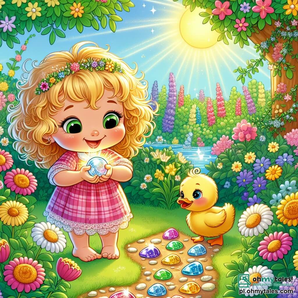 Une illustration sous forme de dessin destinée aux enfants représentant un jardin ensoleillé rempli de fleurs colorées et de verdure, où une petite fille de 1 an aux cheveux dorés et bouclés, souriante et curieuse, tient dans ses mains un brillant petit caillou, tandis qu'à ses côtés, un canard jaune aux plumes duveteuses l'observe avec des yeux pétillants, tous deux émerveillés par la découverte d'une mystérieuse route de pierres scintillantes menant à un grand arbre, symbolisant leur aventure pleine de surprises et de joie.