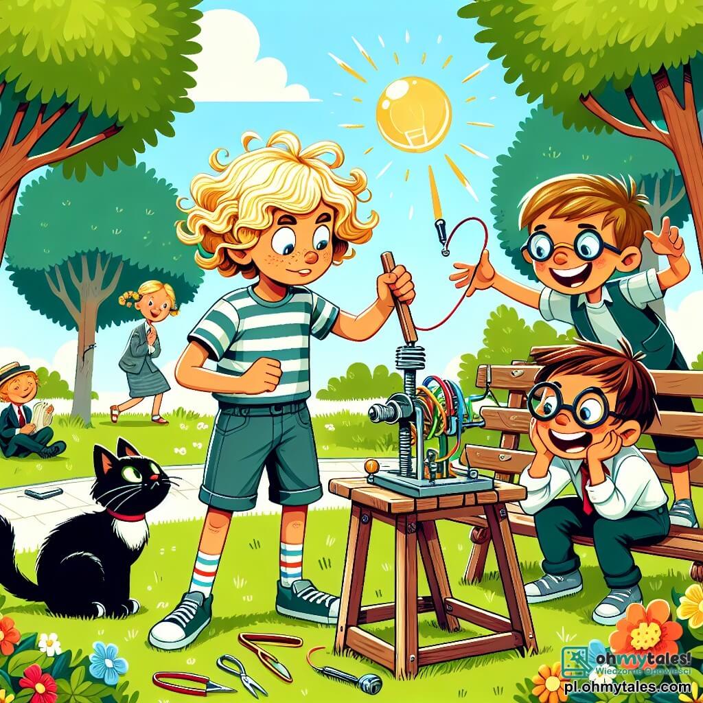 Une illustration sous forme de dessin destinée aux enfants représentant un parc ensoleillé avec des arbres verdoyants et des fleurs colorées, où un garçon de 11 ans aux cheveux bouclés et dorés, vêtu d'un t-shirt rayé et de shorts, est en train de travailler avec enthousiasme sur un étrange appareil fait de pièces recyclées, tandis qu'un chat noir curieux observe la scène depuis un banc à proximité, et des amis du garçon, un garçon aux lunettes et une fille aux cheveux tressés, l'encouragent en riant, alors qu'un toast en train de voler dans les airs attire l'attention des passants amusés.