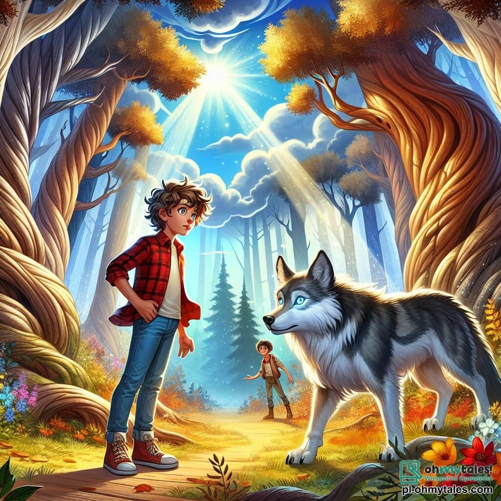 Ilustracja przedstawiająca magiczną scenę w Zaczarowanym Lesie, gdzie wielkie drzewa o skręconych pniach wznoszą się ku błękitnemu niebu, usianemu puszystymi chmurami. Ziemia pokryta jest dywanem złotych liści i kolorowych kwiatów, podczas gdy promienie słońca filtrują przez liście, tworząc grę cieni i światła. W centrum obrazu stoi 11-letni chłopiec o kasztanowych, kręconych włosach, ubrany w czerwoną koszulę w kratę i dżinsy. Ma błyszczące oczy pełne ciekawości i odważny uśmiech. Stoi z rękami na biodrach, z determinacją spoglądając na wielkiego, majestatycznego wilka, który stoi obok niego. Wilk, o srebrnoszarym futrze i oczach błyszczących jak gwiazdy, emanuje aurą mądrości i tajemniczości. Dumnie stoi, lekko pochylony w stronę chłopca, jakby był gotów ujawnić mu sekret. W tle inne dzieci w tym samym wieku, dwie dziewczynki o gładkich, blond włosach, obserwują scenę z wyrazami zachwytu i zainteresowania. Jedna z nich trzyma w ręku mały kwiatek, podczas gdy druga wskazuje palcem na krętą ścieżkę, która wydaje się prowadzić do jeszcze większej przygody. Główna sytuacja przedstawia moment, w którym chłopiec spotyka wilka, symbolizując początek niespodziewanej przyjaźni. Dodatkowe elementy graficzne to kolorowe ptaki śpiewające w drzewach, motyle wirujące wokół oraz lekka, magiczna mgła unosząca się w powietrzu, dodająca tajemniczości tej zaczarowanej scenie.