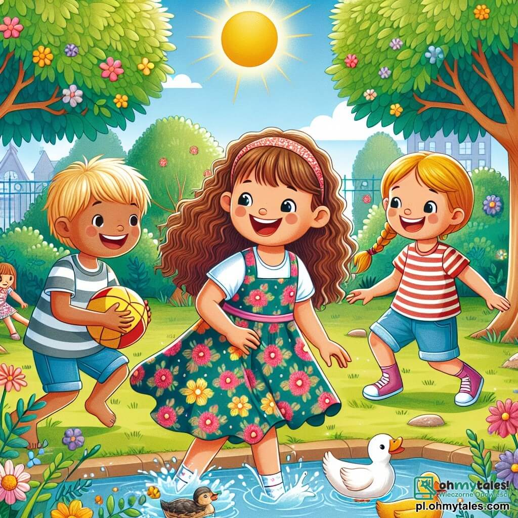 Une illustration sous forme de dessin destinée aux enfants représentant un parc ensoleillé, rempli de verdure et de fleurs colorées, où une fille de 9 ans aux cheveux châtains et bouclés, portant une robe à fleurs, rit joyeusement en jouant à la balle avec ses nouveaux amis, un garçon aux cheveux blonds et une petite fille aux tresses, tandis qu'un groupe de canards nage paisiblement dans un petit étang à proximité, illustrant le bonheur de passer du temps à l'extérieur loin des écrans.