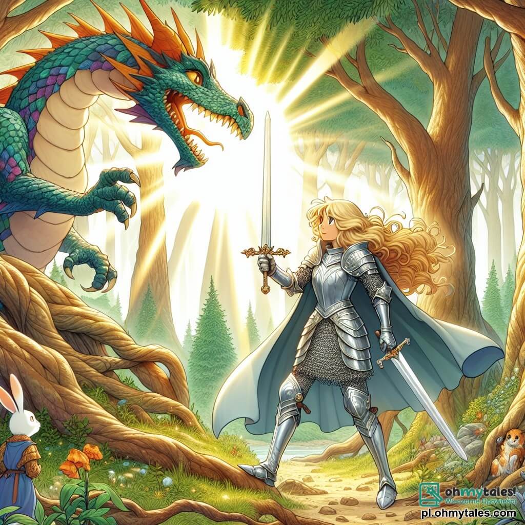 Une illustration sous forme de dessin destinée aux enfants représentant une vaste forêt enchantée, avec de grands arbres aux troncs noueux et des rayons de soleil filtrant à travers le feuillage, où une courageuse chevaleresse aux longs cheveux blonds, portant une armure argentée scintillante et brandissant un épée brillante, se tient face à un imposant dragon aux écailles colorées, tandis qu'un petit lapin curieux observe la scène, illustrant le moment où la chevaleresse tente de négocier avec le dragon pour récupérer un précieux amulet volé, créant une atmosphère de tension mêlée à l'espoir.