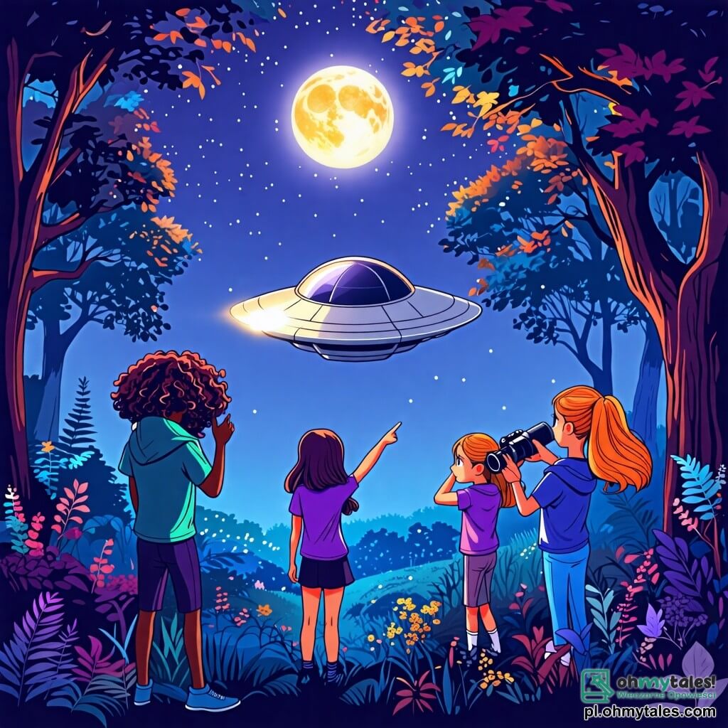 Ilustracja przedstawiająca nocny park oświetlony blaskiem księżyca. Wspaniałe drzewa z błyszczącymi liśćmi otaczają polanę, na której znajduje się mały, srebrny statek kosmiczny, lśniący pod gwiazdami. Na środku obrazu trzy dziewczynki w wieku 12 lat, z kolorowymi włosami i nowoczesnymi ubraniami, są zachwycone. Jedna z nich, z kręconymi włosami i fioletowym t-shirtem, wskazuje na statek. Inna, z długimi i gładkimi włosami, ma na sobie niebieską sukienkę i ciekawy wzrok, podczas gdy trzecia, w okularach i bluzie z kapturem, trzyma mały teleskop. Przed nimi trzej kosmici o zielonej i niebieskiej skórze, z dużymi, wyrazistymi oczami i smukłymi ciałami, zbliżają się z uśmiechem. Jeden z nich, z antenkami, wykonuje przyjazny gest, podczas gdy pozostali z fascynacją obserwują dziewczynki. Scena emanuje atmosferą odkrycia i przyjaźni, z migoczącymi gwiazdami i żywymi kolorami, ilustrując magiczny moment, w którym spotykają się różne światy.