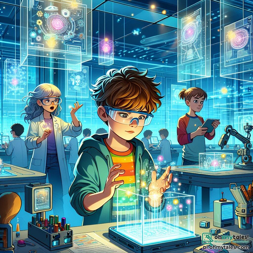 Ilustracja przedstawiająca dynamiczną scenę w futurystycznym laboratorium. Miejsce wypełnione jest przezroczystymi szklanymi ścianami, ukazując unoszące się ekrany holograficzne i lśniące maszyny. Kolorowe światła tańczą w rytmie technologii, tworząc dynamiczną i ekscytującą atmosferę. Na środku obrazu znajduje się dwunastoletni chłopiec z brązowymi, rozczochranymi włosami, noszący okulary ochronne i kolorowy t-shirt. Pochyla się nad stołem, skupiony na małym błyszczącym gadżecie, który trzyma w rękach. Obok niego stoi inny dwunastolatek z blond włosami i czapką na odwrót, z entuzjazmem obserwujący, z szeroko otwartymi oczami. Ma na sobie bluzę z kapturem i wydaje się gotowy do działania. W tle dziewczynka w wieku dwunastu lat, z długimi kręconymi włosami, ubrana w białą laborkę, robi notatki na tablecie. Jej wyraz twarzy jest zdecydowany, co pokazuje, że jest zaangażowana w projekt. Główna scena ukazuje troje przyjaciół współpracujących nad testowaniem nowego urządzenia, gadżetu, który się wymknął i unosi w powietrzu, otoczony małymi świetlistymi iskrami. Dodatkowe elementy graficzne to futurystyczne narzędzia rozsiane po stole oraz ekrany wyświetlające kolorowe dane, co dodaje atmosfery odkrycia i innowacji.