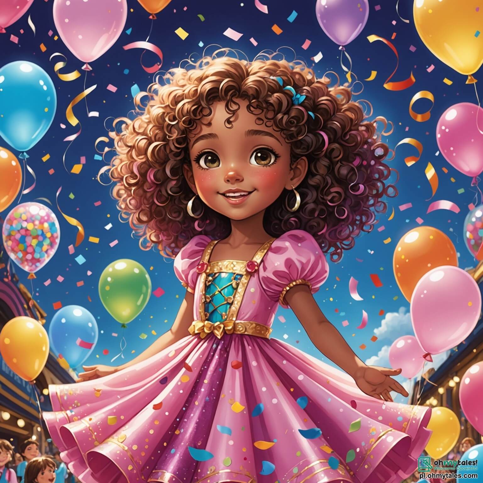 Une illustration destinée aux enfants représentant une petite fille pétillante aux cheveux bouclés et aux yeux brillants, vêtue d'une magnifique robe rose ornée de paillettes et de délicates ailes de fée, se tenant au cœur d'un carnaval éclatant de couleurs vives, où des ballons multicolores flottent dans l'air, des confettis tourbillonnent autour d'elle, et des rires d'enfants résonnent, tandis qu'elle se prépare avec enthousiasme à partir à l'aventure à la recherche d'un trésor mystérieux, accompagnée de son meilleur ami, un garçon intrépide déguisé en pirate, et d'une gentille dame en costume de lapin qui les guide à travers un chemin parsemé de stands de friandises sucrées et de spectacles de danse, le tout dans une ambiance festive et joyeuse qui illumine le petit village où se déroule cette fête enchantée.