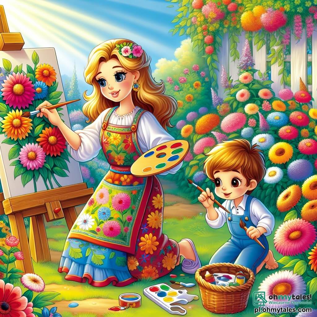 Une illustration sous forme de dessin destinée aux enfants représentant un jardin ensoleillé rempli de fleurs colorées, où une jeune femme aux longs cheveux dorés, vêtue d'un coloré tablier de peintre, est en train de peindre des fleurs sur un grand chevalet, tandis qu'un garçon aux yeux brillants et aux cheveux châtains l'observe avec émerveillement, tenant un petit pinceau et essayant de copier son œuvre, le tout baigné dans une atmosphère joyeuse et créative.