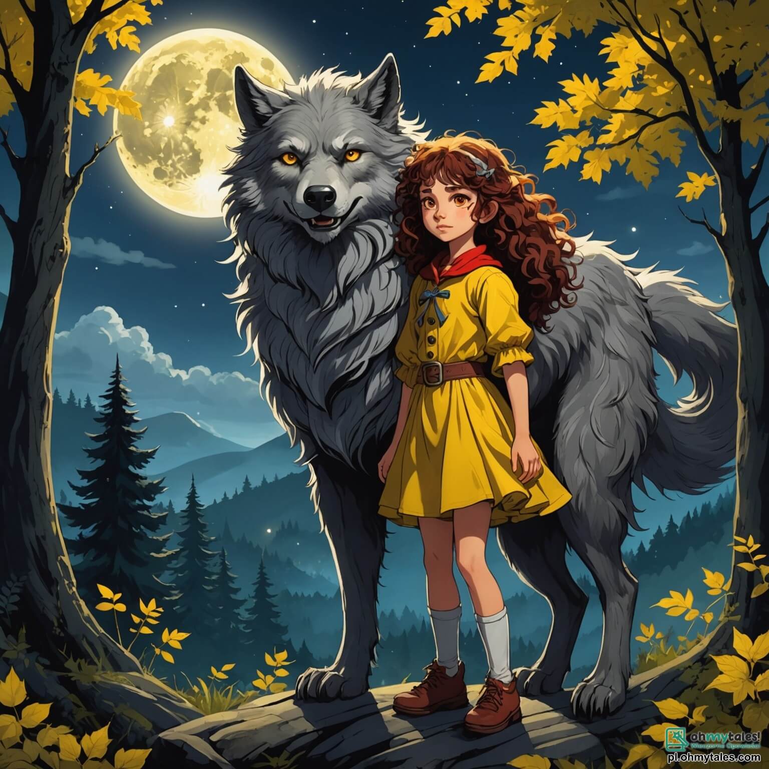 Une illustration destinée aux enfants représentant un loup-garou majestueux, à la fourrure argentée scintillant sous la lumière de la pleine lune, avec des yeux d'un jaune éclatant qui semblent percer l'obscurité, se tenant au sommet d'une colline verdoyante surplombant une forêt enchantée où les arbres aux troncs noueux et aux feuilles luminescentes dansent doucement au gré du vent, tandis qu'une courageuse fillette aux cheveux bouclés et à la robe rouge vif, armée d'un cœur vaillant et d'une lampe scintillante, s'approche timidement de lui, cherchant à comprendre la magie qui l'entoure et à percer le mystère de sa transformation, alors que des créatures fantastiques comme des fées lumineuses et des hiboux sages les observent discrètement depuis les branches, ajoutant une touche de mystère à cette rencontre nocturne.