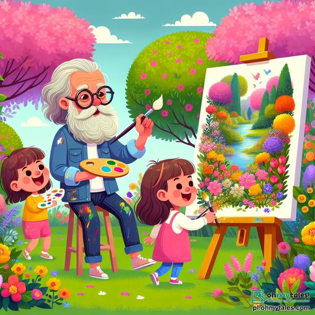 Une illustration sous forme de dessin destinée aux enfants représentant un jardin coloré rempli de fleurs éclatantes et de verdure luxuriante, où un homme à la longue barbe grise et aux lunettes rondes, vêtu d'une chemise tachée de peinture, est en train de peindre une grande toile avec une magnifique scène de nature, tandis que deux filles aux cheveux bruns, l'une portant une robe rose et l'autre un t-shirt jaune, s'approchent avec enthousiasme, tenant chacune un petit tableau, prêtes à montrer leurs propres créations artistiques, dans une atmosphère joyeuse et créative.
