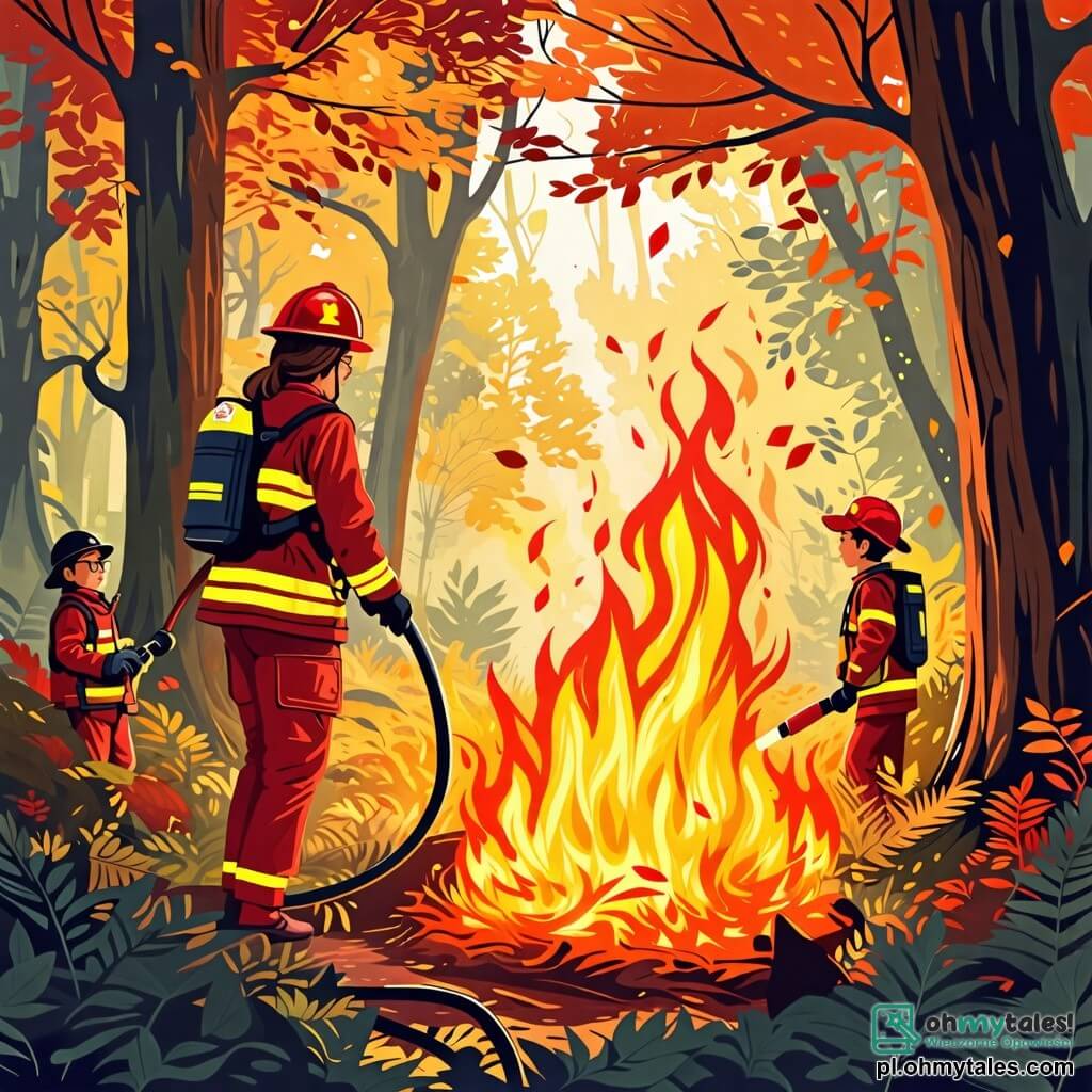 Ilustracja przedstawiająca dynamiczną scenę w zielonym lesie, gdzie majestatyczne drzewa wznoszą się, a ich błyszczące liście filtrują światło słoneczne. W centrum obrazu odważna kobieta w jaskrawoczerwonym mundurze strażaka, z błyszczącym hełmem na głowie, używa węża strażackiego, aby ugasić ogień, który trzaska i dymi u jej stóp. Jej twarz wyraża determinację i koncentrację, a pasma brązowych włosów wydostają się z hełmu. Obok niej dwóch chłopców w wieku około 10 lat, jeden w okularach i z blond włosami, a drugi z brązowymi włosami i czapką, obserwują z podziwem. Pierwszy trzyma małe wiadro z wodą, gotowy do pomocy, podczas gdy drugi wskazuje na ogień, pokazując swoje entuzjazm i chęć nauki. Główna sytuacja ukazuje kobietę strażaka w akcji, walczącą z płomieniami zagrażającymi lesie, podczas gdy chłopcy, zainspirowani jej odwagą, przygotowują się do pomocy. W tle unoszą się chmury dymu na niebieskim niebie, a ptaki odlatywują, dodając życia scenie. Szczegóły, takie jak kolorowe kwiaty na ziemi i małe, ciekawe zwierzęta obserwujące scenę, dopełniają tę pełną energii i nadziei ilustrację.