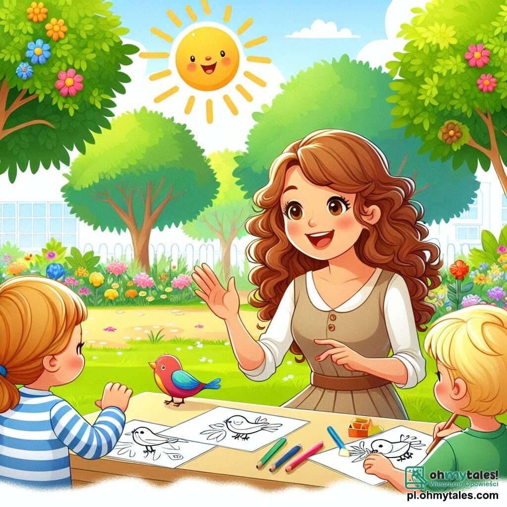 Une illustration sous forme de dessin destinée aux enfants représentant un parc ensoleillé avec des arbres verdoyants et des fleurs colorées, où une femme joyeuse aux cheveux châtains et bouclés, portant une robe légère et un grand sourire, explique avec enthousiasme aux enfants assis autour d'elle, dont un garçon aux cheveux blonds et une fille aux cheveux bruns, qui dessinent des oiseaux sur des feuilles de papier, tandis qu'un petit oiseau coloré se perche sur une branche à proximité, créant une ambiance de découverte et d'apprentissage joyeux.