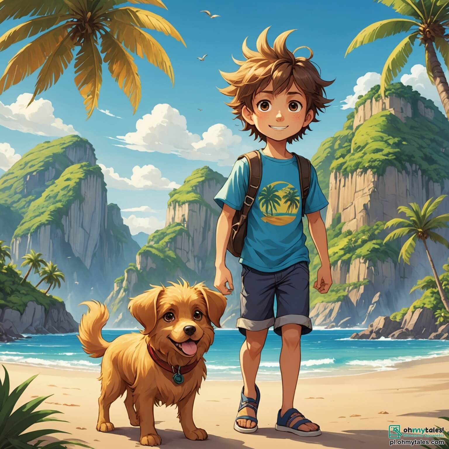 Une illustration destinée aux enfants représentant un jeune garçon à l'allure intrépide, avec des cheveux en bataille et des yeux pétillants de curiosité, explorant une île mystérieuse aux plages dorées, bordées de palmiers dansants et de falaises majestueuses, tandis qu'à ses côtés, un petit chien espiègle, à la fourrure soyeuse et aux oreilles tombantes, l'accompagne dans sa quête d'aventures extraordinaires.