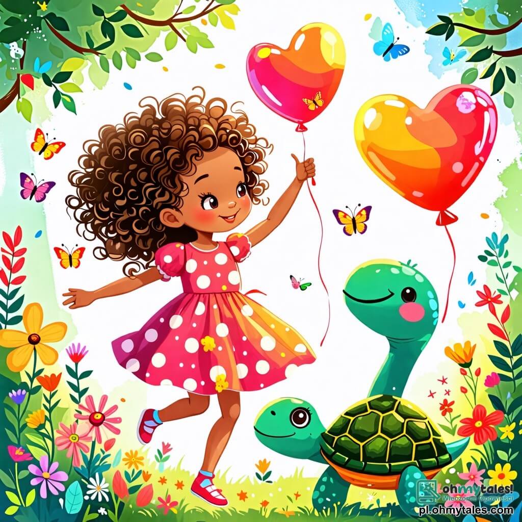 Une illustration sous forme de dessin destinée aux enfants représentant un jardin enchanté rempli de fleurs colorées et de papillons dansants, où une petite fille de 2 ans aux cheveux bouclés et aux yeux pétillants, vêtue d'une robe à pois, saute de joie en tenant un gros bonbon, tandis qu'à ses côtés, un joyeux tortue verte avec une carapace brillante sourit et un balon coloré en forme de cœur flotte au-dessus d'eux, le tout dans une ambiance festive et ludique, illustrant leur moment de bonheur et de camaraderie lors d'une fête imaginaire.