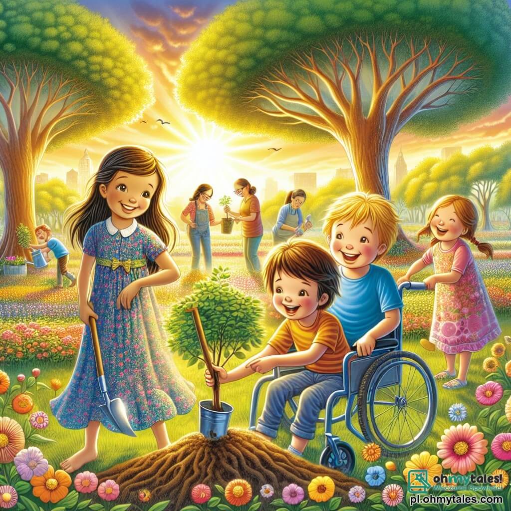 Ilustracja przedstawiająca zielony park, skąpany w złotym świetle zachodzącego słońca. Wspaniałe drzewa, choć niektóre wciąż pozbawione liści, otoczone są kolorowymi kwiatami, które delikatnie tańczą na wietrze. W centrum grupa czterech dzieci, dwie dziewczynki i dwóch chłopców, radośnie się bawi. Pierwsza dziewczynka, mająca około siedmiu lat, ma długie brązowe włosy i nosi sukienkę w kwiaty. Uśmiecha się, trzymając małą łopatkę, gotowa do posadzenia młodej rośliny. Drugi chłopiec, również siedmioletni, ma potargane blond włosy i nosi niebieską koszulkę. Klęczy, skupiony na wykopywaniu dołka w ziemi. Druga dziewczynka, w okularach i z krótkimi włosami, siedzi na wózku inwalidzkim, ale promienieje radością, trzymając konewkę, gotowa do podlewania nowych roślin. Na koniec ostatni chłopiec, z brązowymi włosami i promiennym uśmiechem, trzyma duży kolorowy plakat z napisem "Razem dla naszej planety!". W tle dorośli i inne dzieci dołączają do nich, zbierając śmieci i sadząc drzewa, tworząc atmosferę solidarności i zaangażowania w ochronę środowiska. Niebo jest jasnoniebieskie, usiane białymi chmurami, symbolizującymi nadzieję i odnowę.