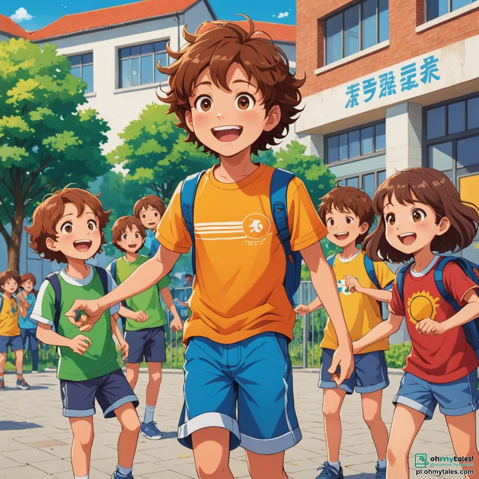 Une illustration destinée aux enfants représentant un garçon aux cheveux châtains et aux yeux pétillants, vêtu d'un t-shirt coloré et d'un short, se tenant au milieu d'une cour d'école animée, entouré de ses amis, une fille aux cheveux longs et bouclés, joyeusement en train de partager des rires, et un autre garçon, plus petit, qui lance une balle avec enthousiasme, tandis qu'en arrière-plan se dressent des bâtiments scolaires aux murs peints de couleurs vives, ornés de fresques d'animaux et de paysages, et où des arbres majestueux aux feuilles verdoyantes offrent de l'ombre à des groupes d'enfants jouant et s'amusant, créant ainsi une atmosphère vibrante et pleine de vie qui illustre la magie de l'amitié et des aventures quotidiennes à l'école.
