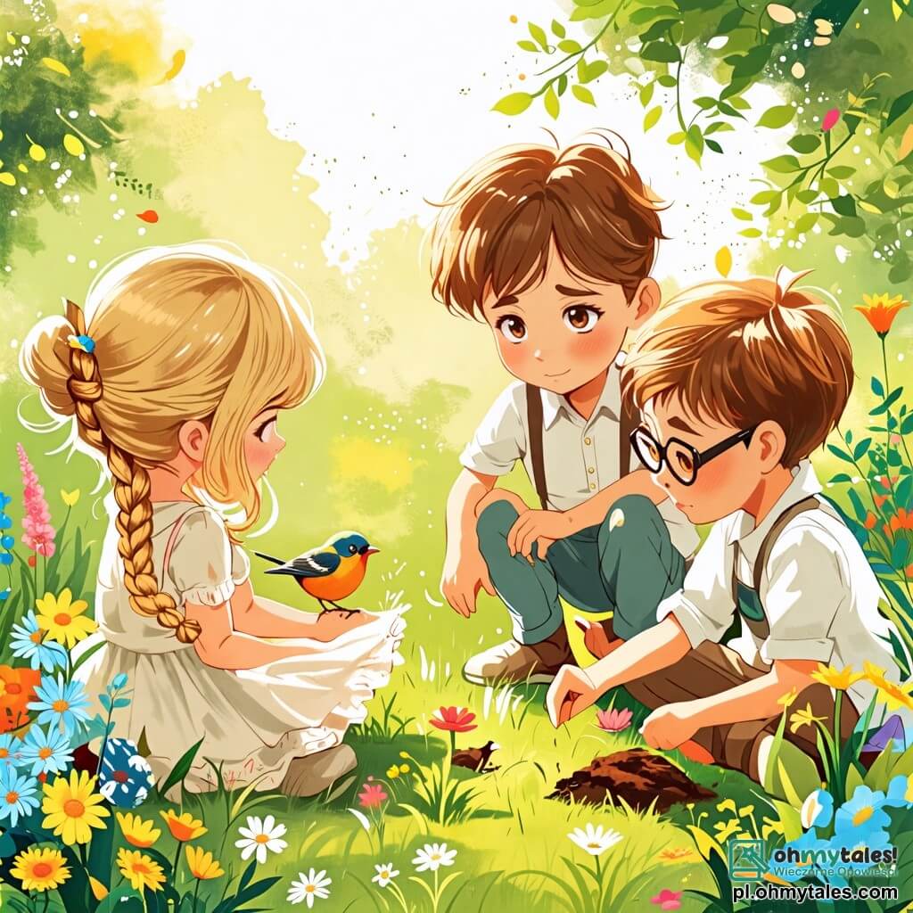 Une illustration sous forme de dessin destinée aux enfants représentant un jardin ensoleillé, avec une vieille jabotée majestueuse au centre, où un garçon de 8 ans aux cheveux châtains et aux yeux pétillants, assis sur l'herbe, tient délicatement un petit oiseau coloré, entouré de deux amis : une fille aux cheveux blonds tressés, regardant avec curiosité, et un garçon aux lunettes, qui semble triste, tandis qu'ils se préparent à enterrer l'oiseau avec des fleurs, symbolisant un moment de réflexion sur la vie et la mort.