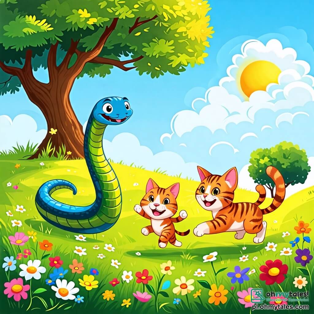 Une illustration sous forme de dessin destinée aux enfants représentant une vaste prairie verdoyante parsemée de fleurs colorées, où un serpent aux écailles bleu et vert, joyeusement enroulé, s'élance avec enthousiasme en pleine course, tandis qu'un chat tigré aux yeux pétillants et un petit chien aux oreilles tombantes l'encouragent en courant à ses côtés, tous trois participant à une course amusante vers un grand chêne majestueux au loin, sous un ciel ensoleillé et parsemé de nuages moelleux.