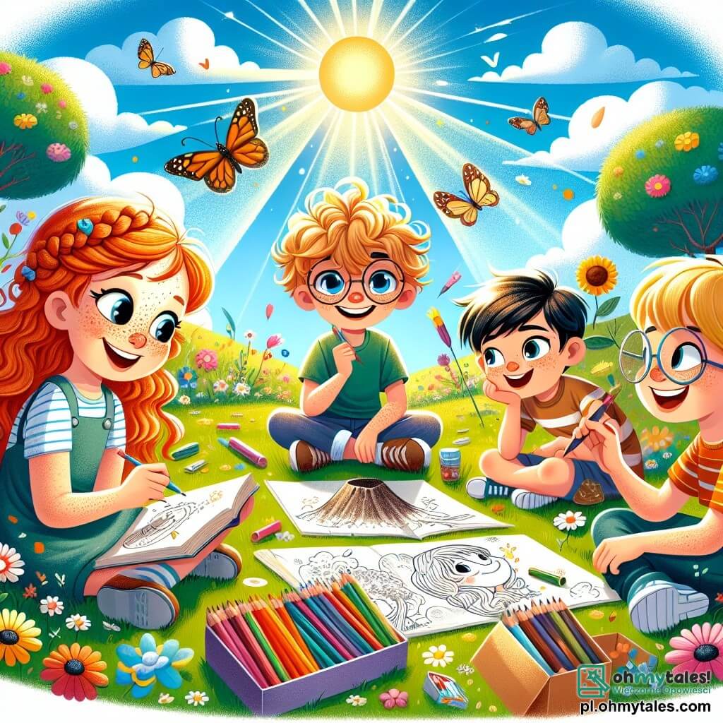Ilustracja przedstawiająca słoneczny park, wypełniony kolorowymi kwiatami i zielonymi drzewami, z jasnoniebieskim niebem, w którym unoszą się białe, puszyste chmury. W centrum obrazu, 11-letni chłopiec z rozczochranymi rudymi włosami i piegami na twarzy siedzi na trawie, koncentrując się na rysunku, który tworzy w notesie. Obok niego, 10-letnia dziewczynka z długimi warkoczami blond włosów i okrągłymi okularami, z zainteresowaniem obserwuje i trzyma pudełko z kredkami. Inny chłopiec, również 11-letni, z krótkimi brązowymi włosami i promiennym uśmiechem, pochyla się, aby zobaczyć, co rysują, trzymając w ręku małą makietę wulkanu z papieru. Scena emanuje atmosferą kreatywności i przyjaźni, z wybuchami śmiechu i jaskrawymi kolorami, które przywołują radość letnich wakacji. Motyle latają wokół nich, dodając odrobinę magii do tej chwili przyjaźni i artystycznej inspiracji.