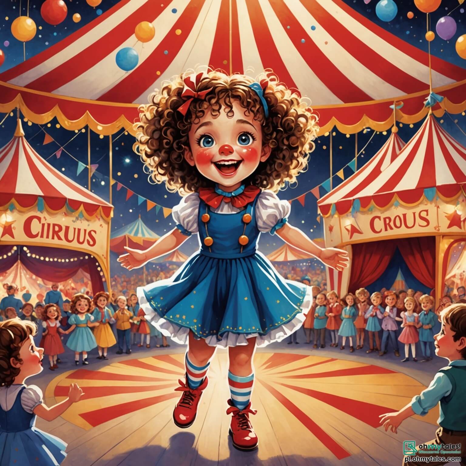 Une illustration destinée aux enfants représentant une petite fille aux yeux pétillants et aux cheveux bouclés, émerveillée par les lumières scintillantes d'un grand chapiteau de cirque aux couleurs vives, où des acrobates gracieux dansent dans les airs et un clown jovial, avec son nez rouge et ses grandes chaussures, fait rire les spectateurs, tandis qu'une douce mélodie de musique circassienne flotte dans l'air, créant une atmosphère magique et joyeuse.