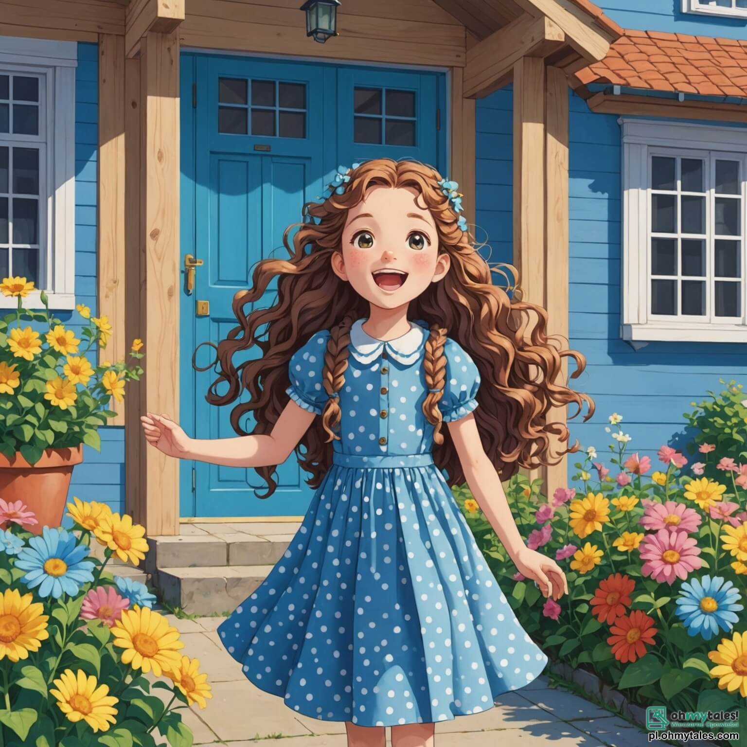 Une illustration destinée aux enfants représentant une petite fille aux longs cheveux bouclés, rayonnante d'excitation et portant une jolie robe bleue à pois, qui se tient devant une école aux murs peints en bleu ciel, ornée de fleurs colorées dans le jardin et d'un grand panneau en bois annonçant la rentrée des classes, tandis qu'elle retrouve ses deux amis, une fille aux cheveux tressés et un garçon aux lunettes, tous impatients de commencer une nouvelle année scolaire pleine d'aventures et de découvertes.