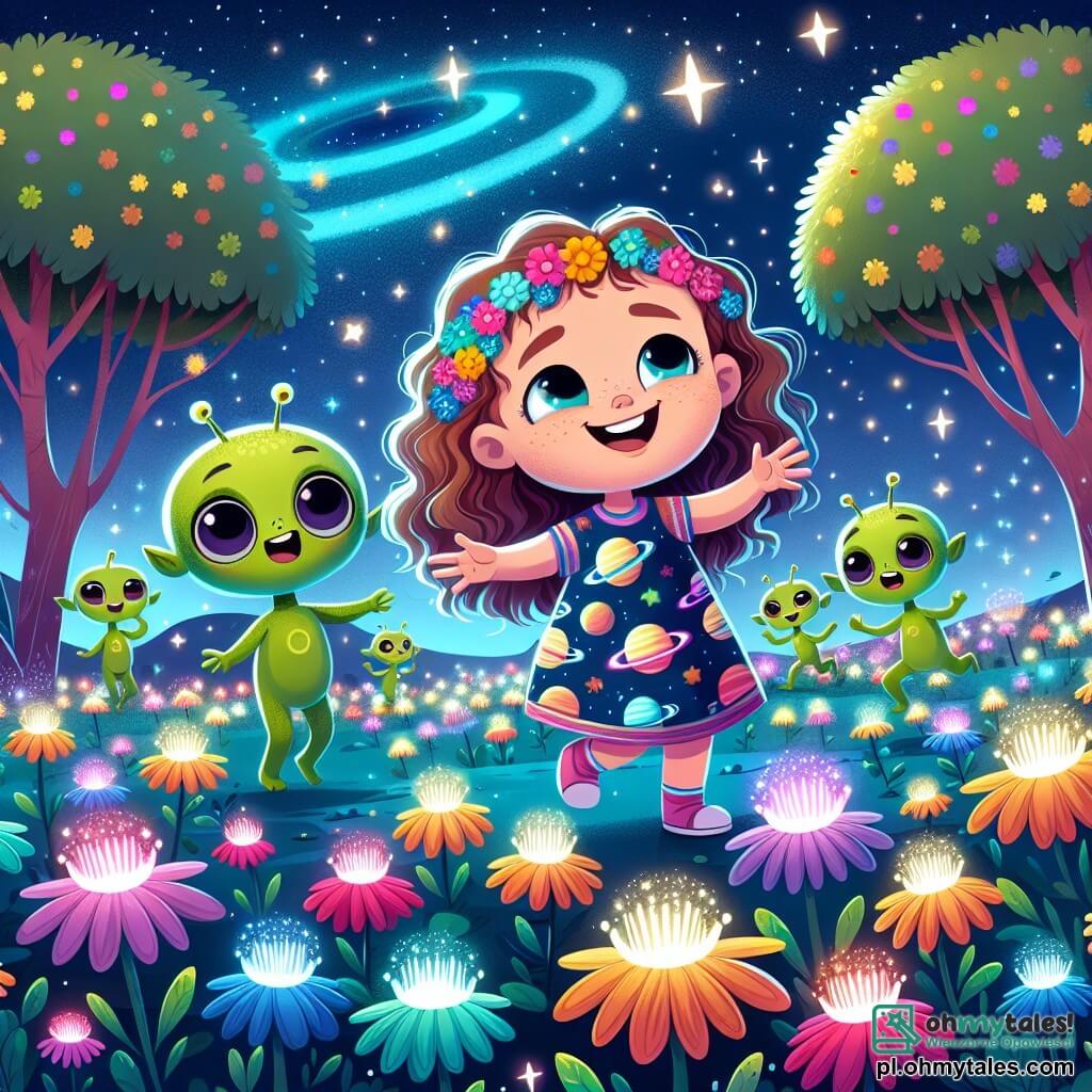 Ilustracja przedstawiająca bajkowy krajobraz na planecie Zora, gdzie wielokolorowe kwiaty świecą pod gwiaździstym niebem, a drzewa migoczą liśćmi luminescencyjnymi. W centrum obrazu znajduje się 5-letnia dziewczynka z długimi kręconymi włosami i szerokim uśmiechem, ubrana w kolorową sukienkę ozdobioną motywami planet, radośnie tańcząca wśród Zoraków, małych zielonych kosmitów z dużymi okrągłymi oczami i promiennymi uśmiechami. Zoraki, które wydają się mieć od 3 do 4 lat, bawią się wokół niej, niektóre trzymają błyszczące kryształy, inne tańczą, obracając się wokół siebie. Scena emanuje atmosferą radości i przyjaźni, z migoczącymi gwiazdami w tle i błyskami światła wydobywającymi się z kwiatów i kryształów. Chmurki dialogowe mogą pokazywać Zoraki wyrażające swoje szczęście i ciepłe powitanie.
