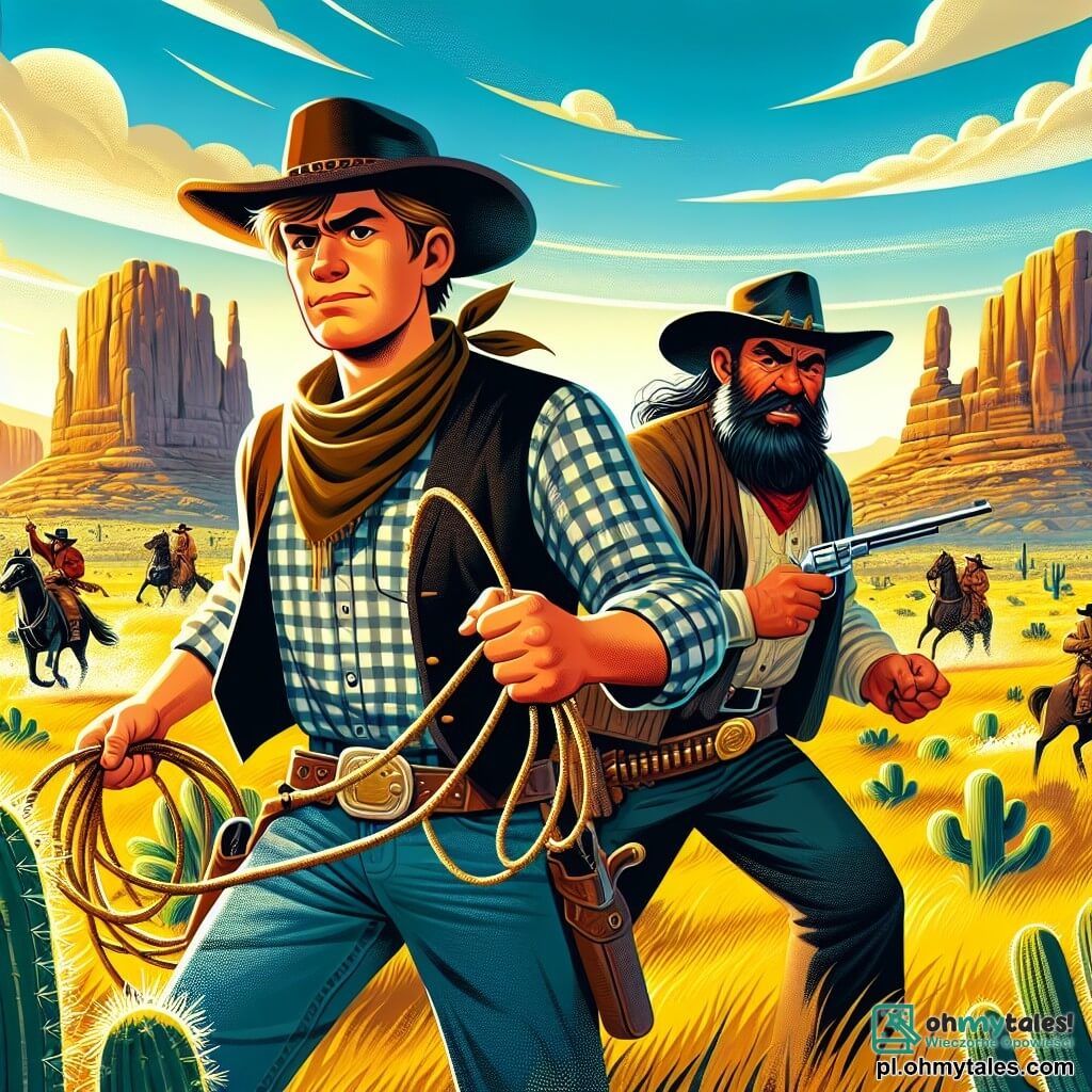 Une illustration sous forme de dessin destinée aux enfants représentant un vaste paysage de prairie dorée sous un ciel bleu éclatant, avec un homme courageux aux cheveux bruns, portant un chapeau de cow-boy et une chemise à carreaux, brandissant un lasso tout en se tenant fermement aux côtés de son ami, un homme costaud avec une barbe rousse, qui observe attentivement un groupe de bandits au loin, alors qu'ils se préparent à défendre une vallée cachée pleine de trésors indiens, avec des cactus et des rochers en arrière-plan, évoquant l'esprit d'aventure et de camaraderie du Far West.