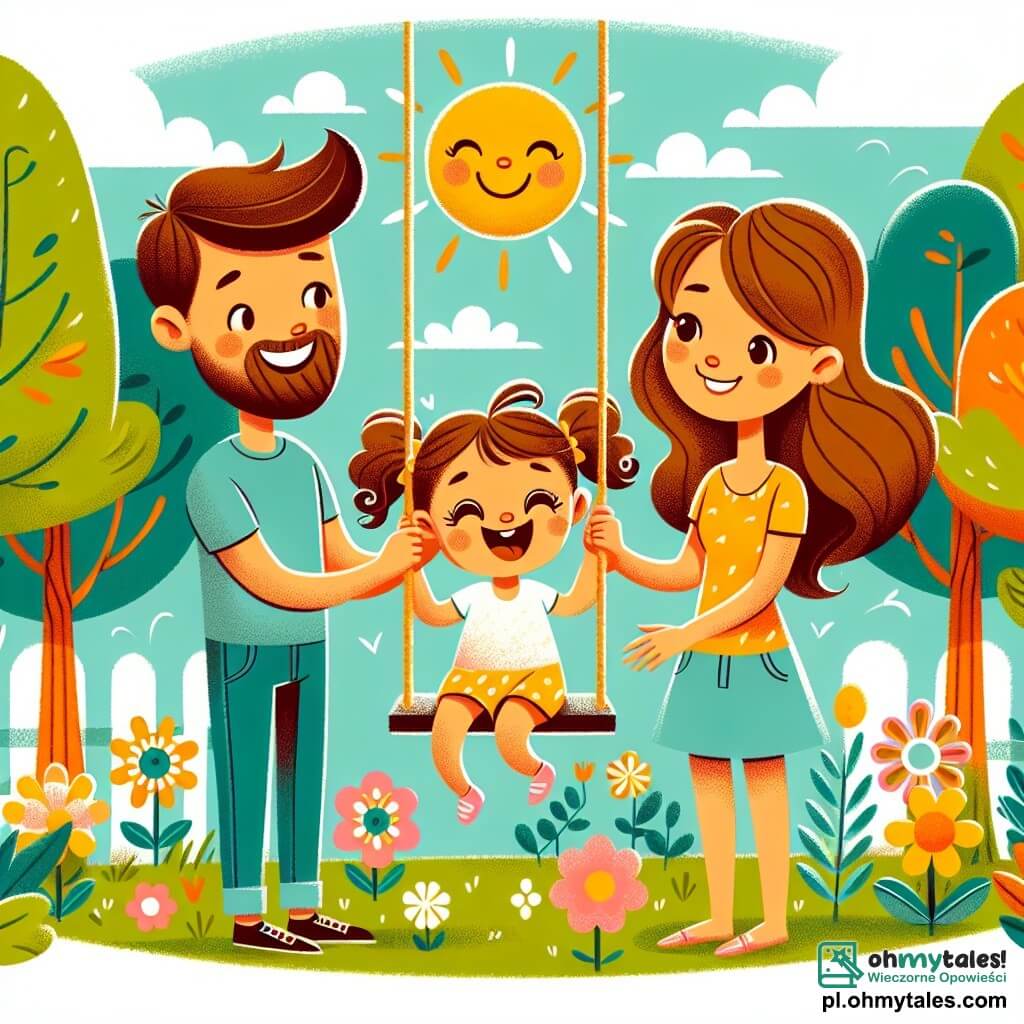 Une illustration sous forme de dessin destinée aux enfants représentant un parc ensoleillé avec des arbres verdoyants et des fleurs colorées, où une petite fille de 1 an aux cheveux bouclés et aux yeux pétillants rit aux éclats en se balançant sur une huśtawka, tandis que son papa, un homme souriant avec une barbe brune, la pousse doucement, et sa maman, une femme aux cheveux longs et blonds, les regarde avec tendresse, le tout évoquant la joie des vacances d'été en famille.