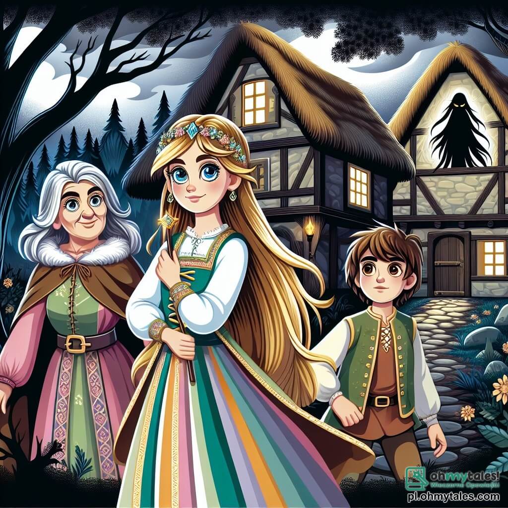 Une illustration sous forme de dessin destinée aux enfants représentant un village médiéval enchanteur, avec des maisons en pierre aux toits de chaume, où une jeune femme aux longs cheveux dorés et aux yeux pétillants, vêtue d'une robe colorée, se tient courageusement au centre, brandissant une baguette magique, entourée de son mentor, une vieille femme sage aux cheveux argentés et au regard bienveillant, ainsi que d'un jeune garçon aux cheveux bruns, curieux et émerveillé, tandis qu'ils font face à une ombre menaçante émergeant des arbres sombres du mystérieux bois voisin, symbolisant le combat entre la lumière et les ténèbres.