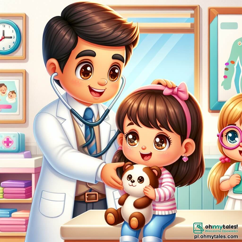 Une illustration sous forme de dessin destinée aux enfants représentant un cabinet médical lumineux et coloré, avec un homme médecin souriant, portant un blanc immaculé et un stéthoscope autour du cou, en train d'examiner une petite fille aux cheveux bruns et aux yeux pétillants, qui tient une peluche dans ses bras, tandis qu'une autre petite fille aux cheveux blonds et aux lunettes observe avec curiosité, le tout dans une ambiance chaleureuse et amicale, illustrant le thème de l'apprentissage et de la bienveillance dans le monde médical.