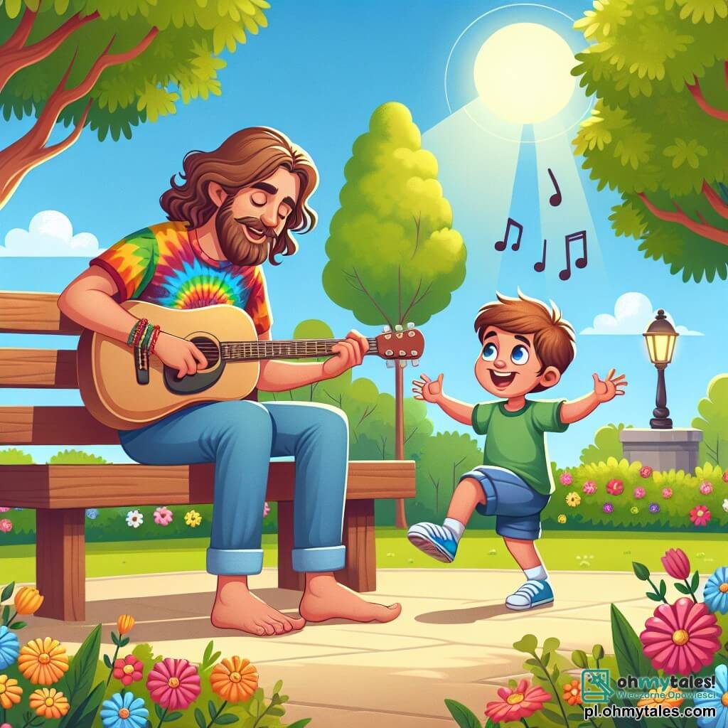 Une illustration sous forme de dessin destinée aux enfants représentant un parc ensoleillé avec des arbres verdoyants et des fleurs colorées, où un homme aux longs cheveux bouclés et portant une t-shirt coloré joue de la guitare sur un banc, tandis qu'un garçon joyeux aux cheveux courts et portant un short danse et chante avec enthousiasme, illustrant la magie de la musique et l'amitié naissante entre eux alors qu'ils créent ensemble une chanson joyeuse.