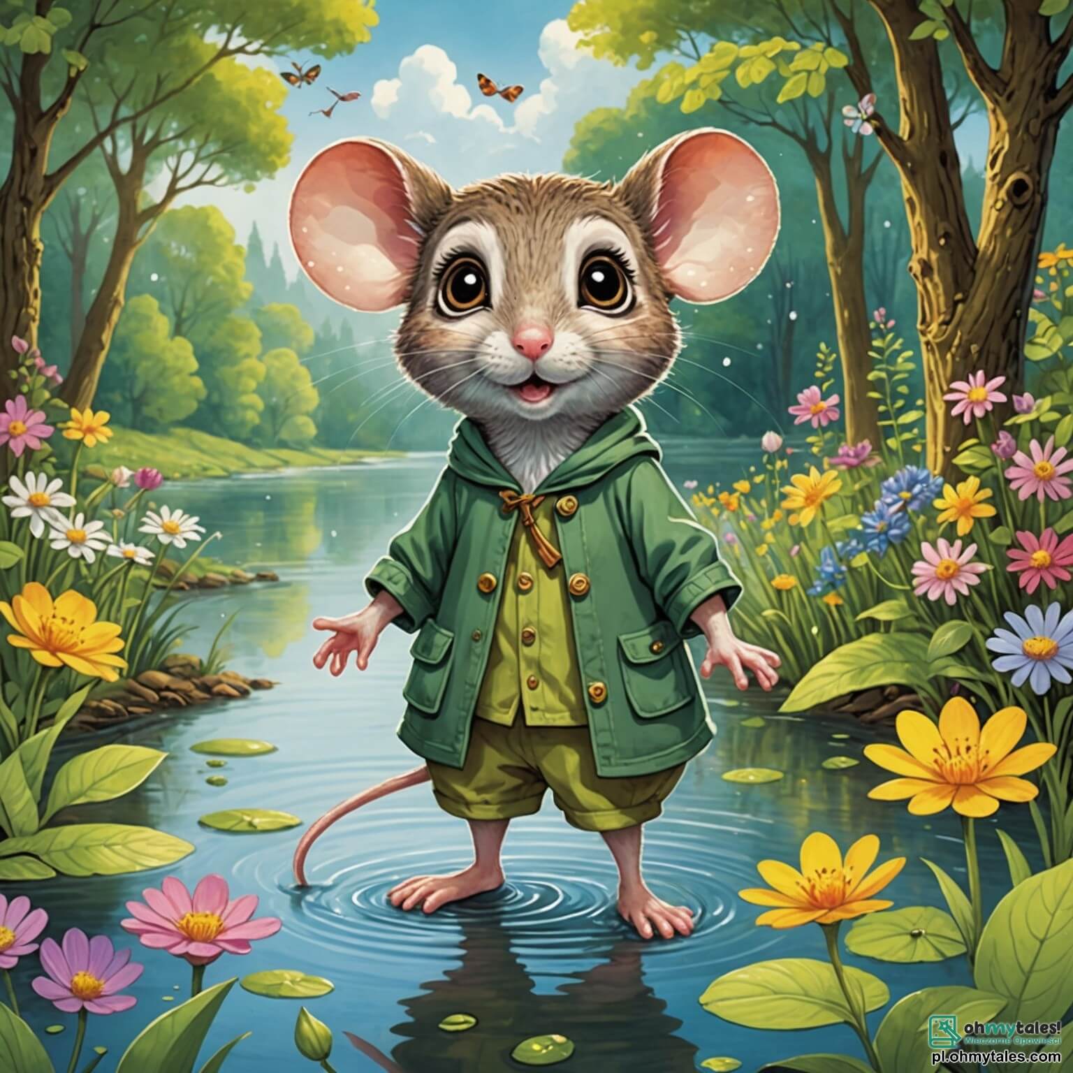 Une illustration destinée aux enfants représentant une petite souris aux yeux pétillants et aux oreilles délicates, se tenant courageusement au bord d'une grande rivière scintillante, entourée de fleurs colorées et de grands arbres aux feuilles verdoyantes, alors qu'elle s'apprête à traverser ce vaste monde plein de mystères, rencontrant en chemin une sage chouette perchée sur une branche, une joyeuse grenouille sautillante sur les rives boueuses, et des écureuils espiègles qui dansent autour d'elle, le tout dans le cadre enchanteur d'une forêt magique où chaque bruit de la nature semble murmurer des secrets d'aventure et d'amitié.