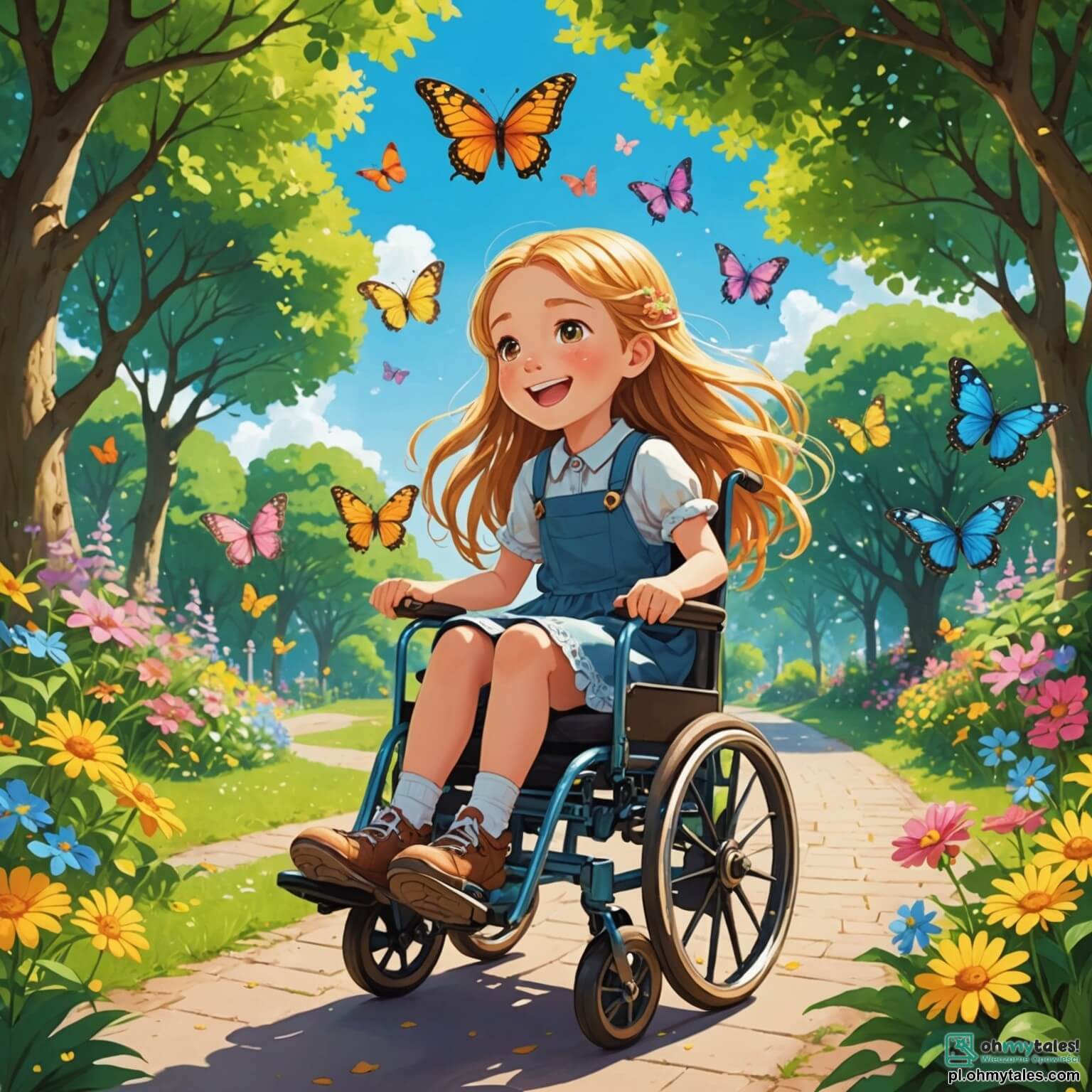 Une illustration destinée aux enfants représentant une petite fille aux cheveux dorés, assise dans un joli fauteuil roulant aux roues scintillantes, entourée de fleurs colorées et de papillons virevoltant dans un parc ensoleillé, où elle partage des rires et des jeux avec sa nouvelle amie, une autre petite fille aux tresses brunes, dans un cadre enchanteur de verdure luxuriante, de grands arbres aux feuilles dansantes et d'un ciel bleu parsemé de nuages cotonneux, illustrant ainsi la beauté de l'amitié et la joie de vivre malgré les défis du handicap.