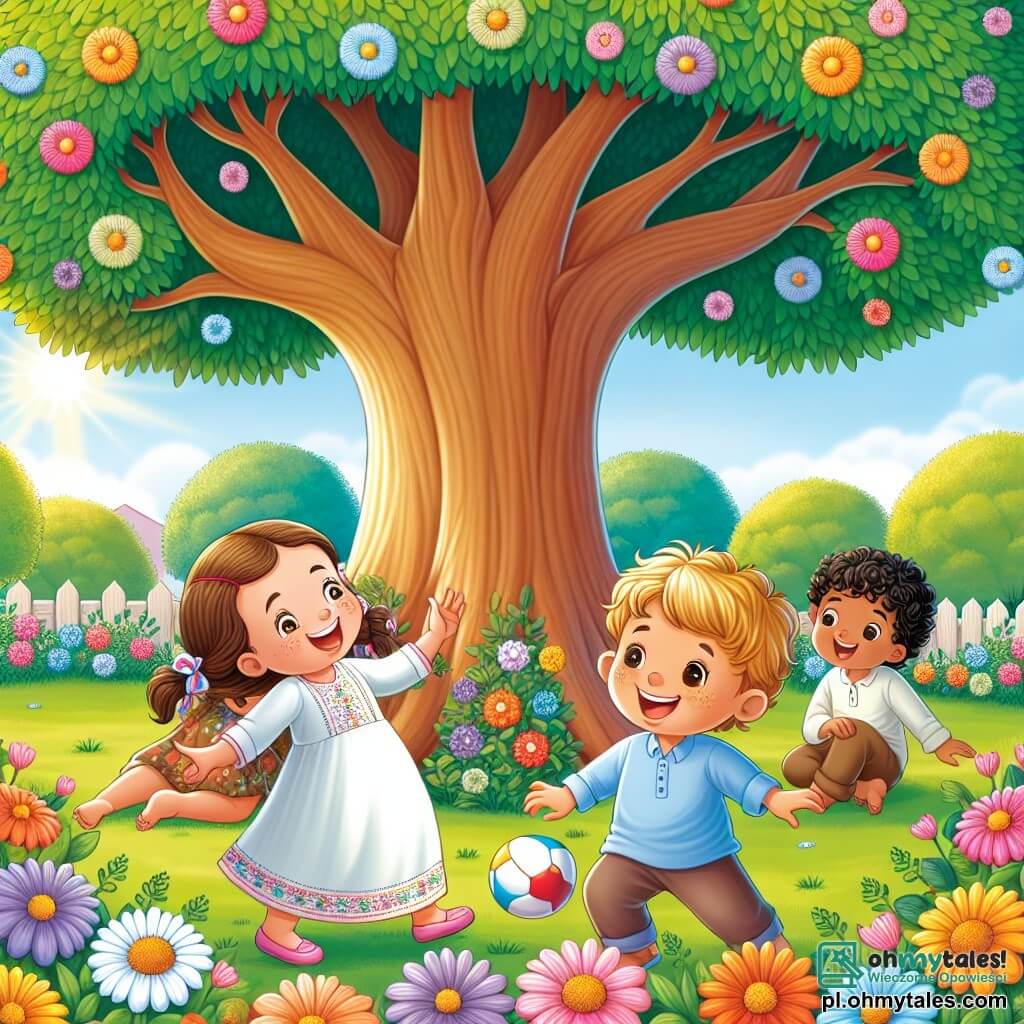 Une illustration sous forme de dessin destinée aux enfants représentant un jardin ensoleillé avec des fleurs colorées et un grand arbre, où se trouve un garçon de 3 ans aux cheveux bruns et aux yeux pétillants, riant joyeusement en jouant avec une balle ; à ses côtés, une fille de 3 ans avec des cheveux blonds en tresses et des taches de rousseur, souriante, et un garçon de 3 ans aux cheveux châtains et à la peau claire, un peu timide mais heureux, tous trois s'amusant ensemble à jouer à cache-cache, illustrant ainsi l'importance de l'amitié et de la tolérance entre enfants de différentes origines.